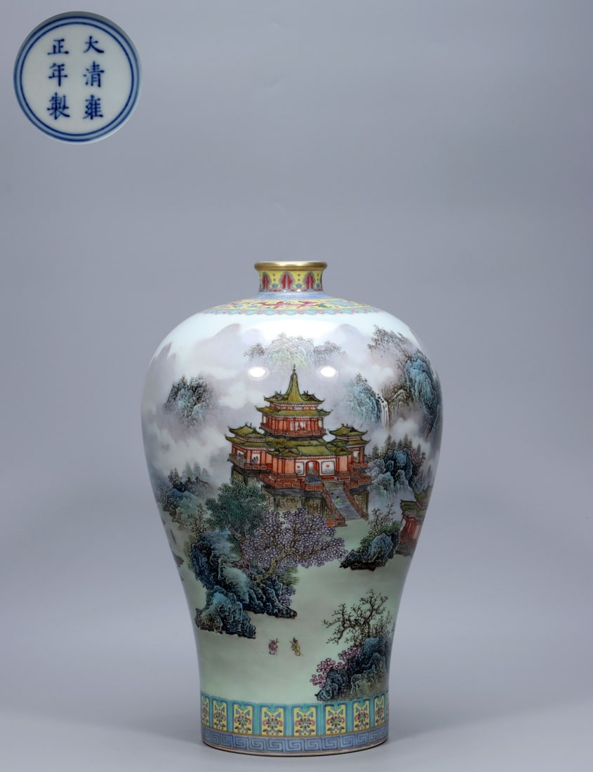A Exquisite Yellow Ground Famille-Rose Landscape and Figures Pattern Vase: A Exquisite Yellow Ground Famille-Rose Landscape and Figures Pattern Vase,Qing Dynasty, China,Yongzheng Six-character Mark,Size:15inx8.9inx2.4in ,Weight:4013g 黄地粉彩山&