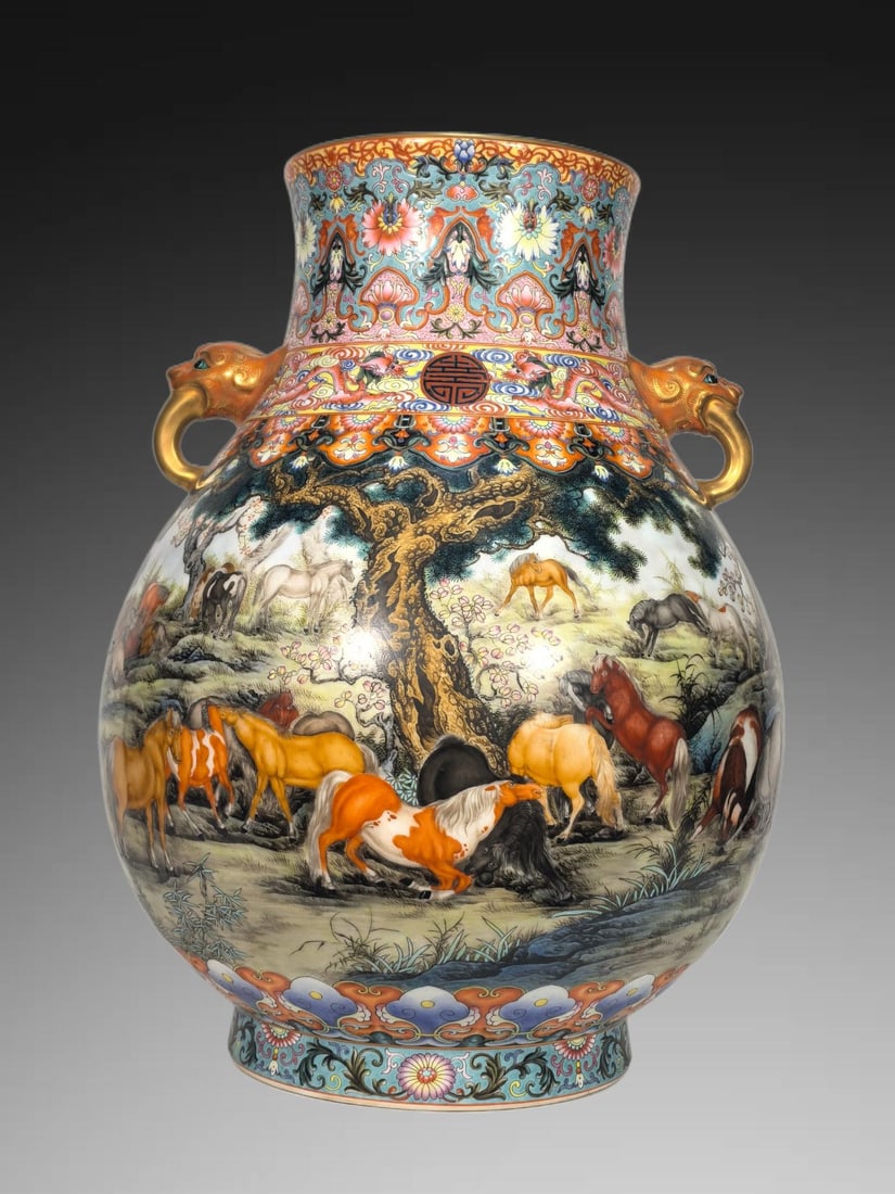 A Exquisite Enamel Horse Pattern Elephant-Ears Vase: A Exquisite Enamel Horse Pattern Elephant-Ears Vase,Qing Dynasty, China,Qianlong Four-character Mark,Size:19.3inx7.9inx15.7inx8.7in 珐琅彩马纹象耳瓶,