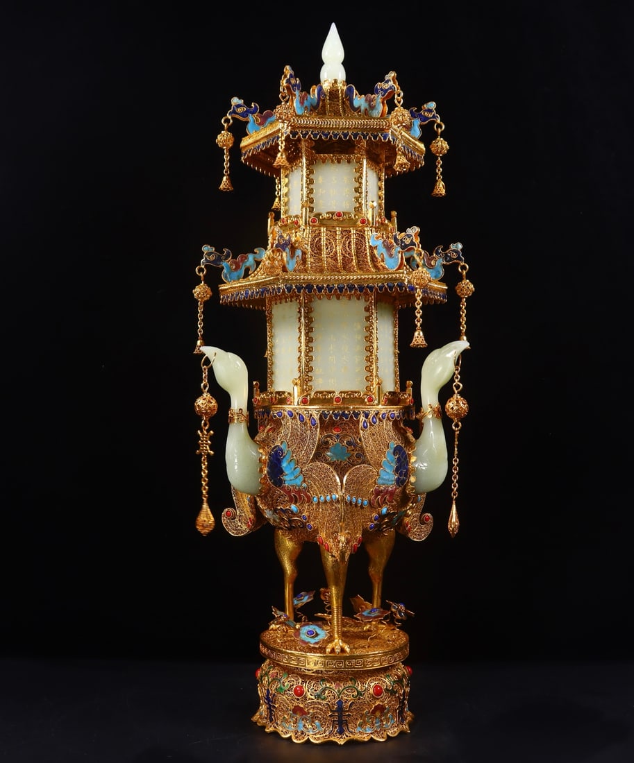 A Exquisite Filigree Gilt Inlaid Hotan White Jade Crane Pagoda: A Exquisite Filigree Gilt Inlaid Hotan White Jade Crane Pagoda,Qing Dynasty, China,Qianlong Four-character Mark,Size:7.9inx7.9inx21.7in,Weight:3320g