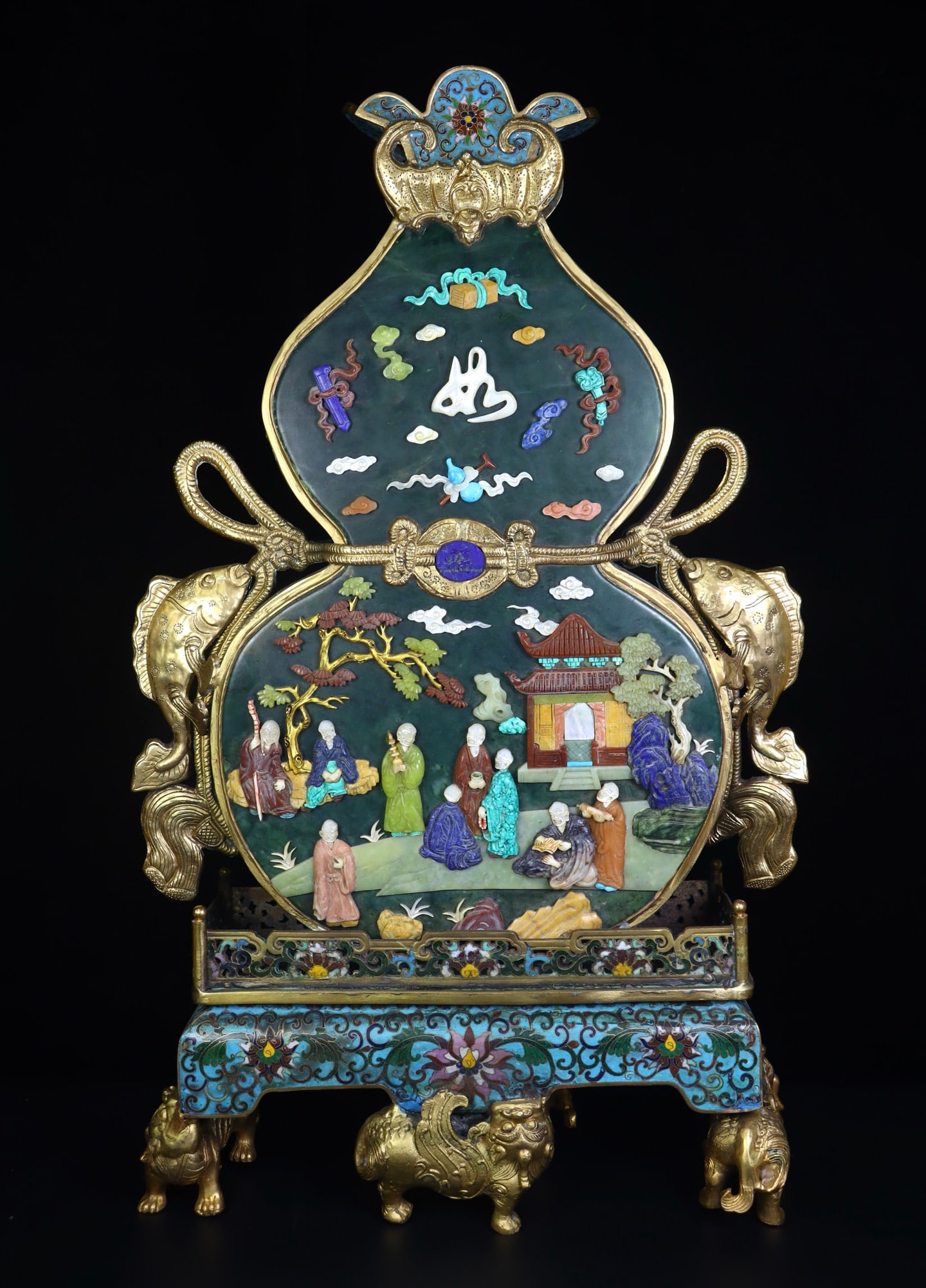 A Exquisite Bronze Cloisonne Inlaid Hotan Jasper Gourd Ornament: A Exquisite Bronze Cloisonne Inlaid Hotan Jasper Gourd Ornament,Qing Dynasty, China,Qianlong Four-character Mark,Size:14.2inx4.7inx23in,Weight:7500g 铜掐丝珐琅镶