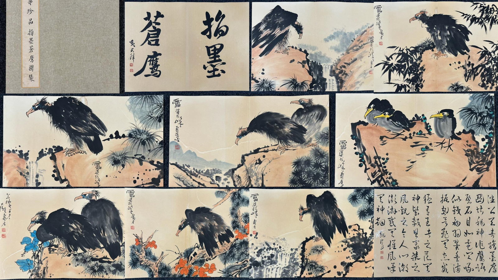 A Chinese Ink Painting Album of Eagle on Paper: A Chinese Ink Painting Album of Eagle on Paper,Modern Time,Pan Tianshou,whole size:17.7inx12.6in (Album, Eight Leaves) 一本中国水墨纸本鹰画&