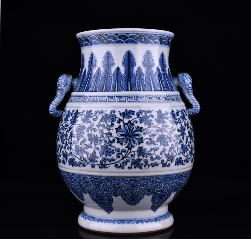 A Exquisite Blue and White Lotus Pattern Elephant-Ears Vase: A Exquisite Blue and White Lotus Pattern Elephant-Ears Vase,Qing Dynasty, China,Qianlong Six-character Mark,Size:11.8inx9.1in 青花缠枝莲纹象耳瓶,&