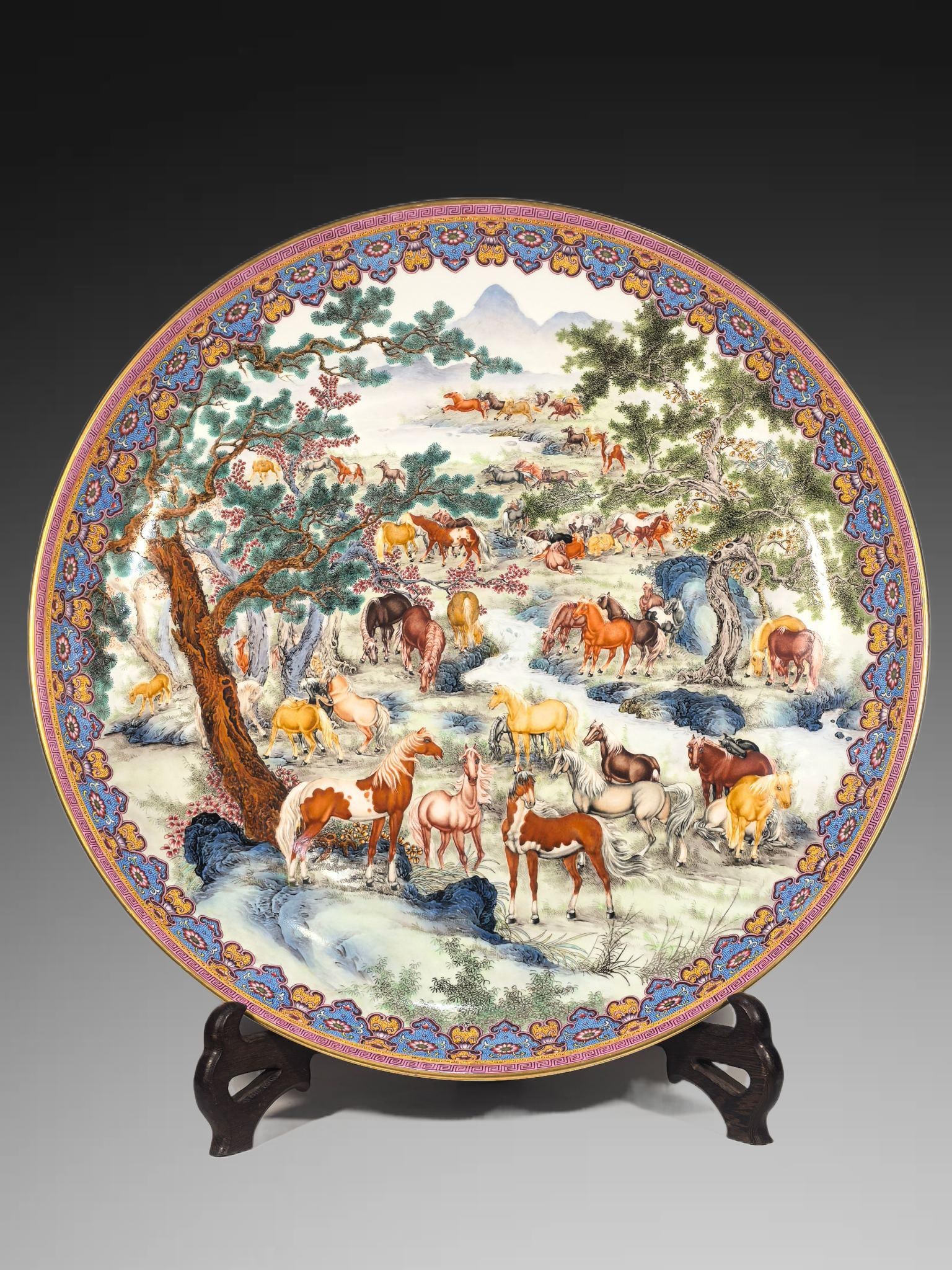 A Exquisite Famille-Rose Horse Pattern Plate: A Exquisite Famille-Rose Horse Pattern Plate,Qing Dynasty, China,Qianlong Four-character Mark,Size:4.7inx26.4inx18.3in 粉彩马纹盘,中国清代,乾