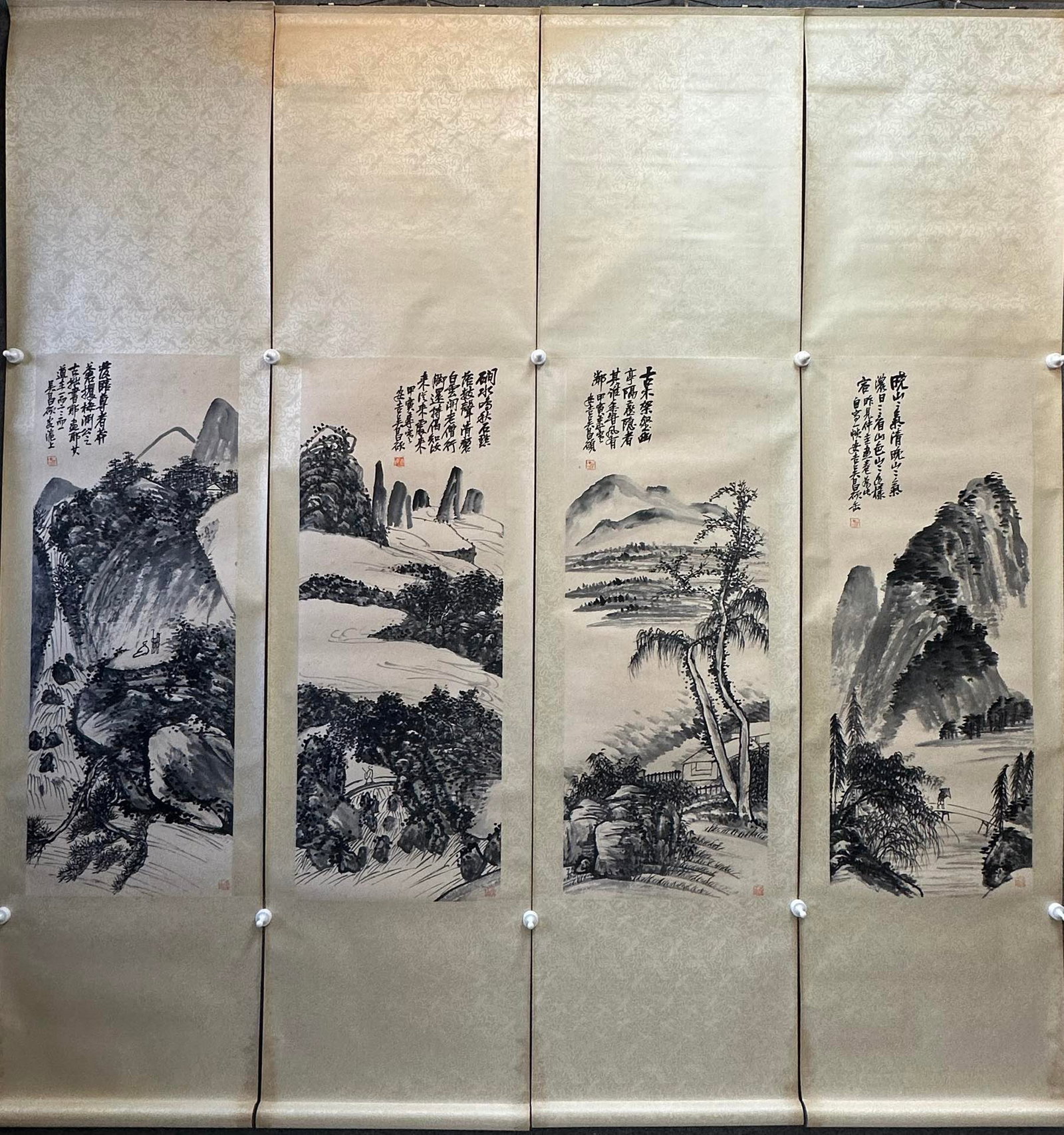 A Set of Four Chinese Vertical Scroll Ink Paintings of Landscape on Paper (1 of 12)