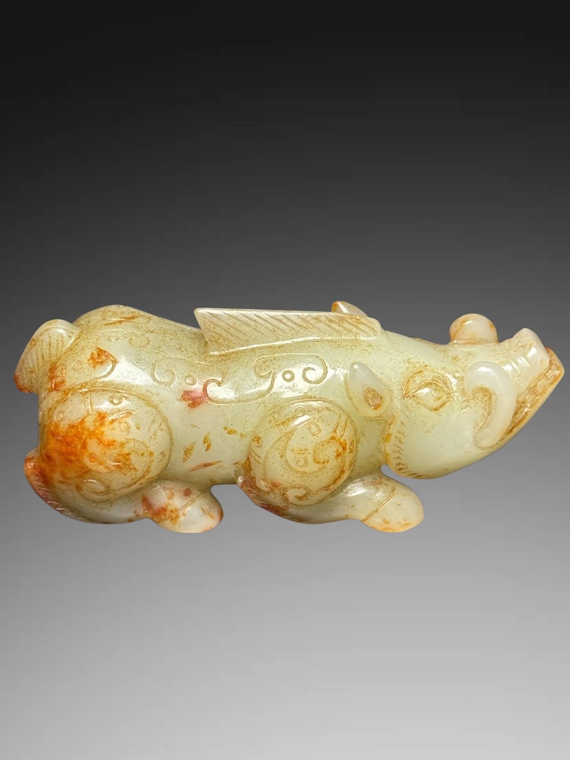 A Exquisite Hotan Jade Pig Ornament: A Exquisite Hotan Jade Pig Ornament,Han Dynasty, China,Size:4.2inx1.7inx1.6in ,Weight:245g 和田玉猪摆件,中国汉代