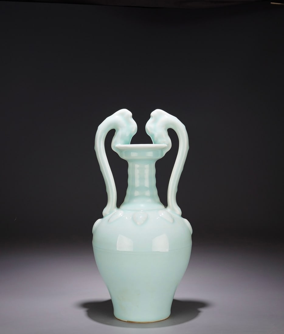 A Exquisite Sky Blue Glazed Dragon-Ears Vase: A Exquisite Sky Blue Glazed Dragon-Ears Vase,Qing Dynasty, China,Yongzheng Six-character Mark,Size:14.2inx6.3in 天青釉龙耳瓶,中国清代,༔