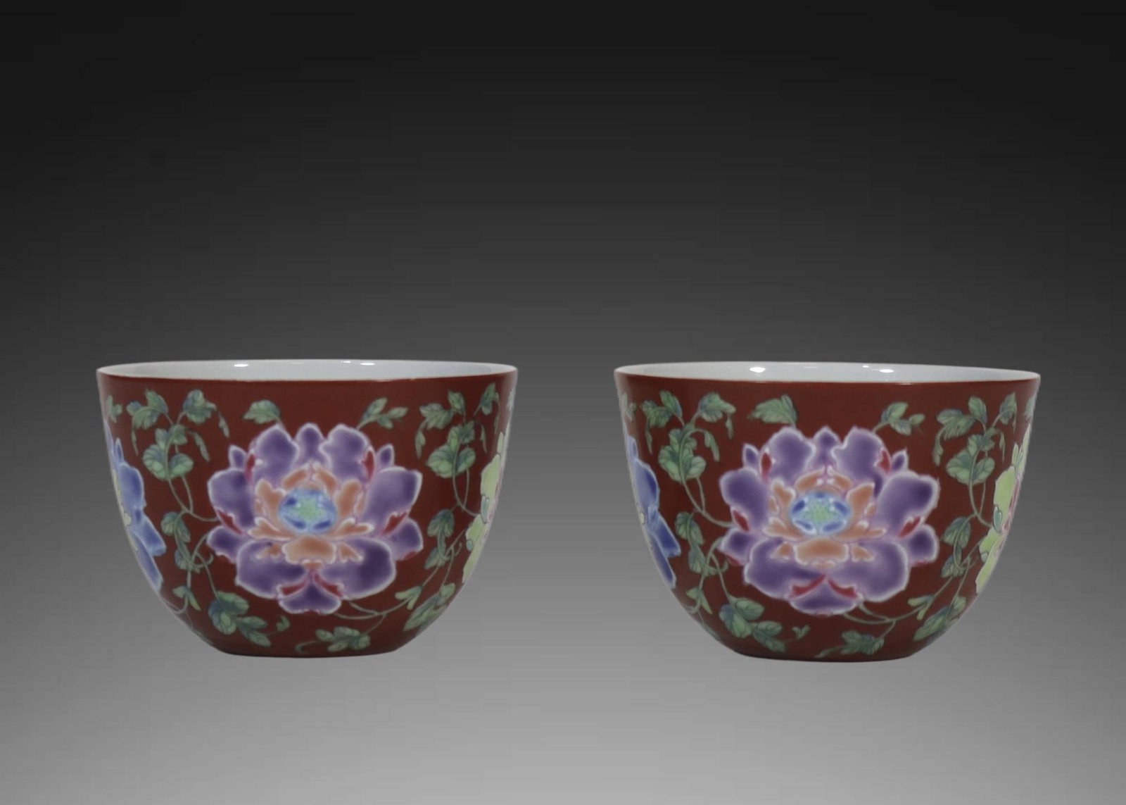A pair of Exquisite Coral Red Ground Famille-Rose Flower Pattern Cup: A pair of Exquisite Coral Red Ground Famille-Rose Flower Pattern Cup,Qing Dynasty, China,Kangxi Four-character Mark,Size:1.9inx2.8in 一对珊瑚红地粉彩
