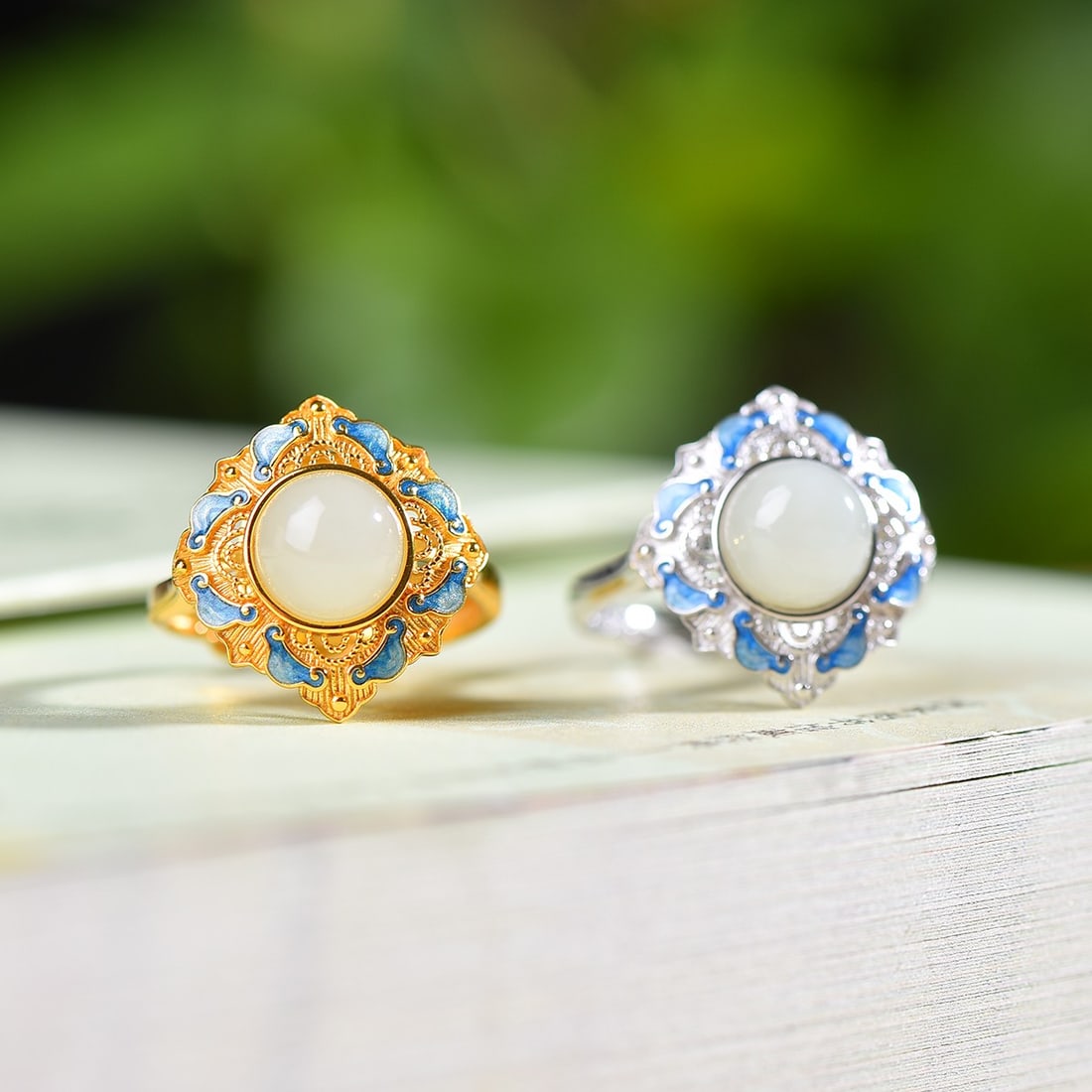 A Pair of Exquisite Silver Inlaid Hotan Jade Ring