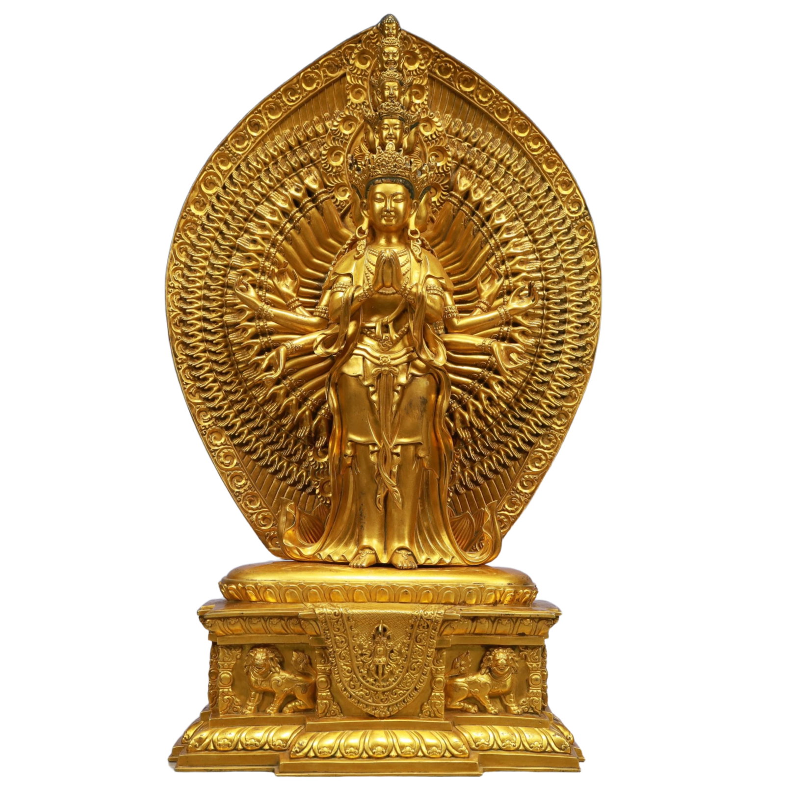 A Solemn Gilt Bronze Statue of Thousand-hand Guanyin: A Solemn Gilt Bronze Statue of Thousand-hand Guanyin,Qing Dynasty, China,Qianlong Mark,Size:9.4inx5.9inx18.5in,Weight:14850g 铜鎏金千手观音像,中&#