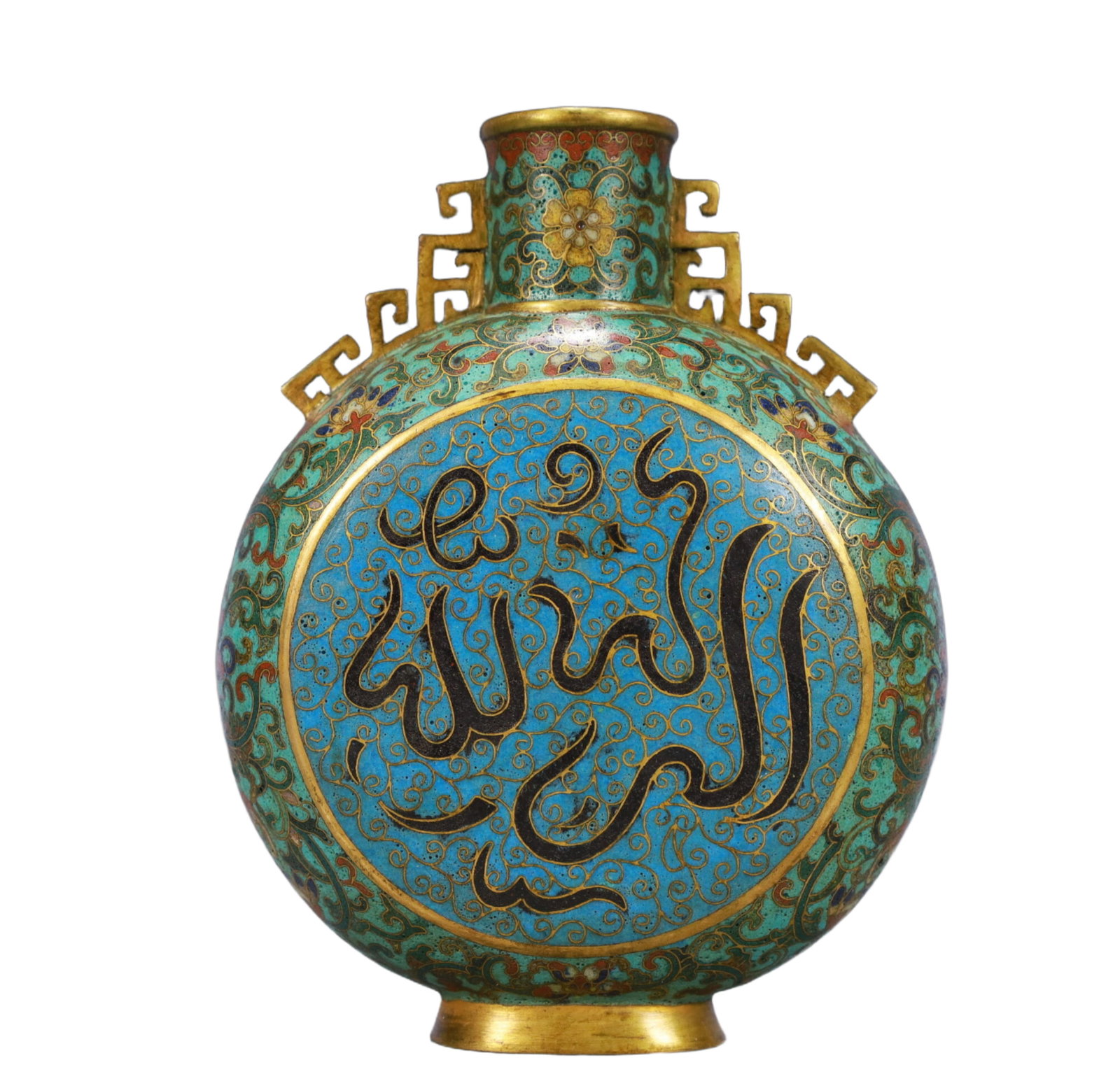 An Exquisite Cloisonne Lotus Pattern Double-Ears Vase,With Sanskrit: An Exquisite Cloisonne Lotus Pattern Double-Ears Vase,With Sanskrit,Qing Dynasty,China,Qianlong Four-character Mark,Size:4.9inx2.6inx6.1in,Weight:600g 景泰蓝缠枝莲&