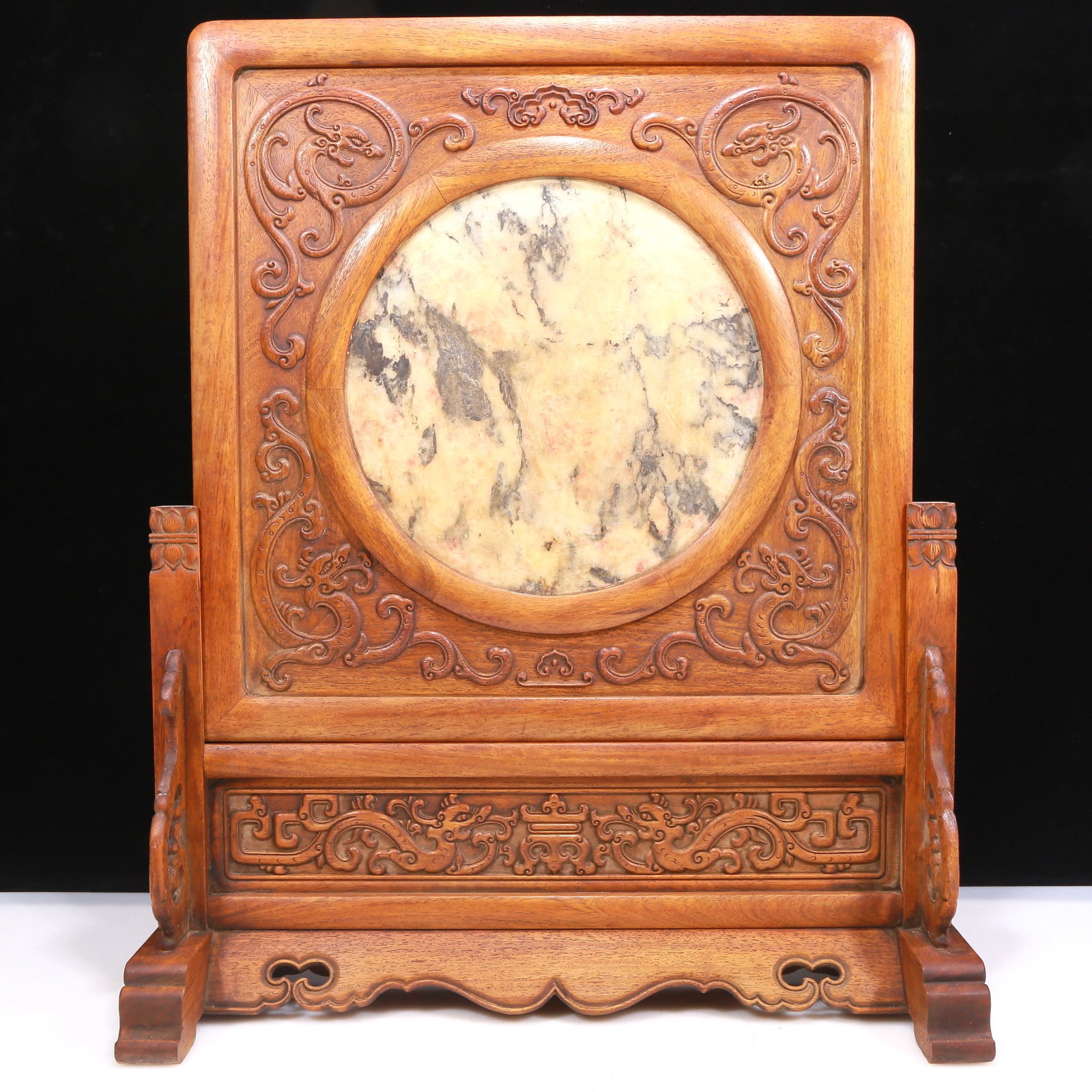 A Marvelous Huanghuali Wood Marble Stone-Inlaid 'Chi-Dragon' Table Screen: A Marvelous Huanghuali Wood Marble Stone-Inlaid 'Chi-Dragon' Table Screen. Carved with sinuous chi-dragons with curled, bifurcated tails. Chinese Qing Dynasty. Size:21.1inx8.3inx2.4in. Weight:5685g &#