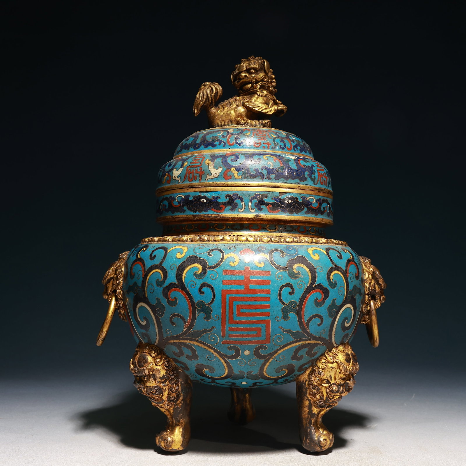 A Rare Cloisonne Shou-Character Chi-Dragon Pattern Lion-Ears Tripod Censer,With Lion Cover: A Rare Cloisonne Shou-Character Chi-Dragon Pattern Lion-Ears Tripod Censer,With Lion Cover,Qing Dynasty,China,Qianlong Four-character Mark,Size:10.2inx15in,Weight:3650g 景泰蓝寿