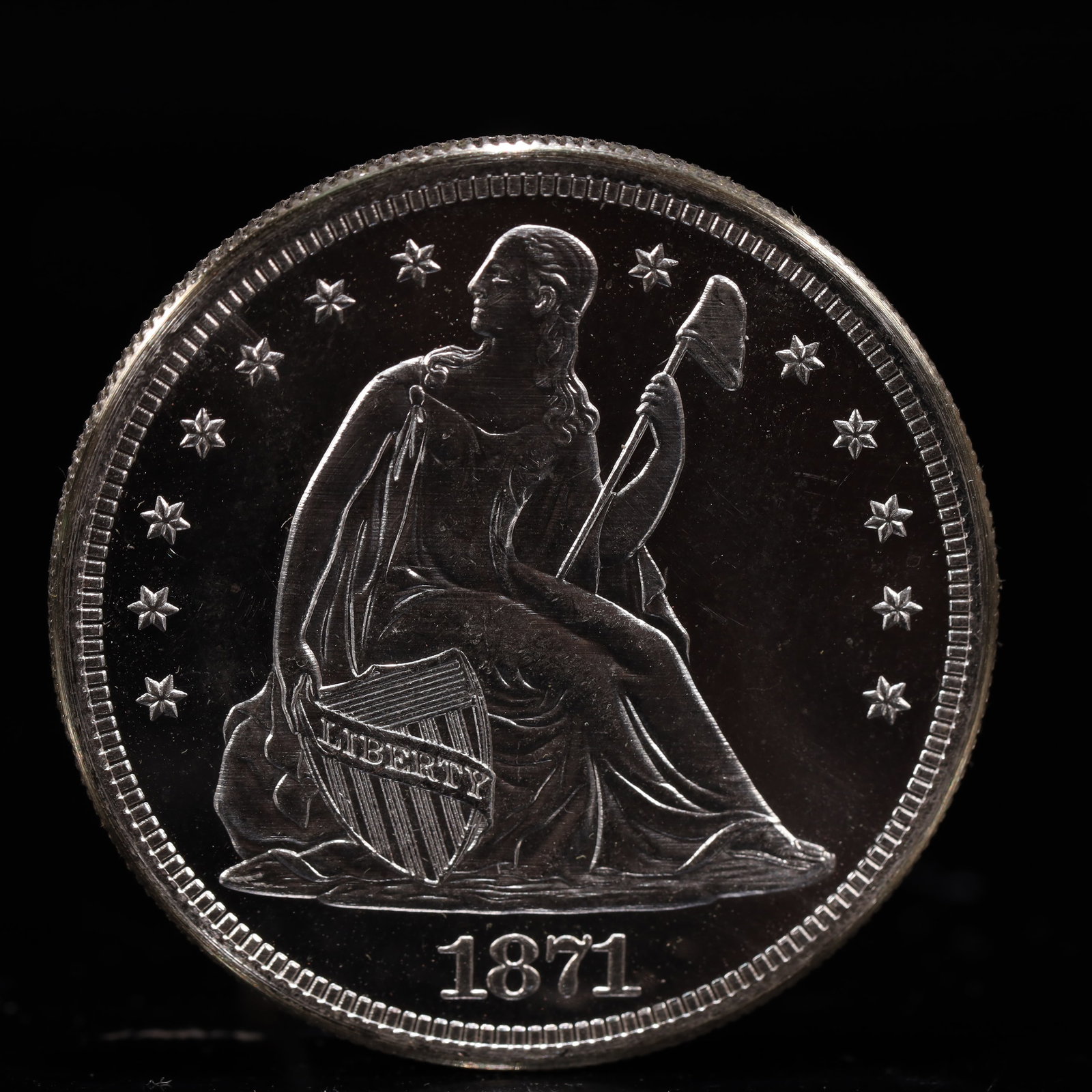 USA One Dollar 1871 Coin: American coin. IN GOD WE TRUST / LIBERTY / 1871 / UNITED STATES OF AMERICA / ONE DOL. Mint Mark: CC.Weight:26.9g.