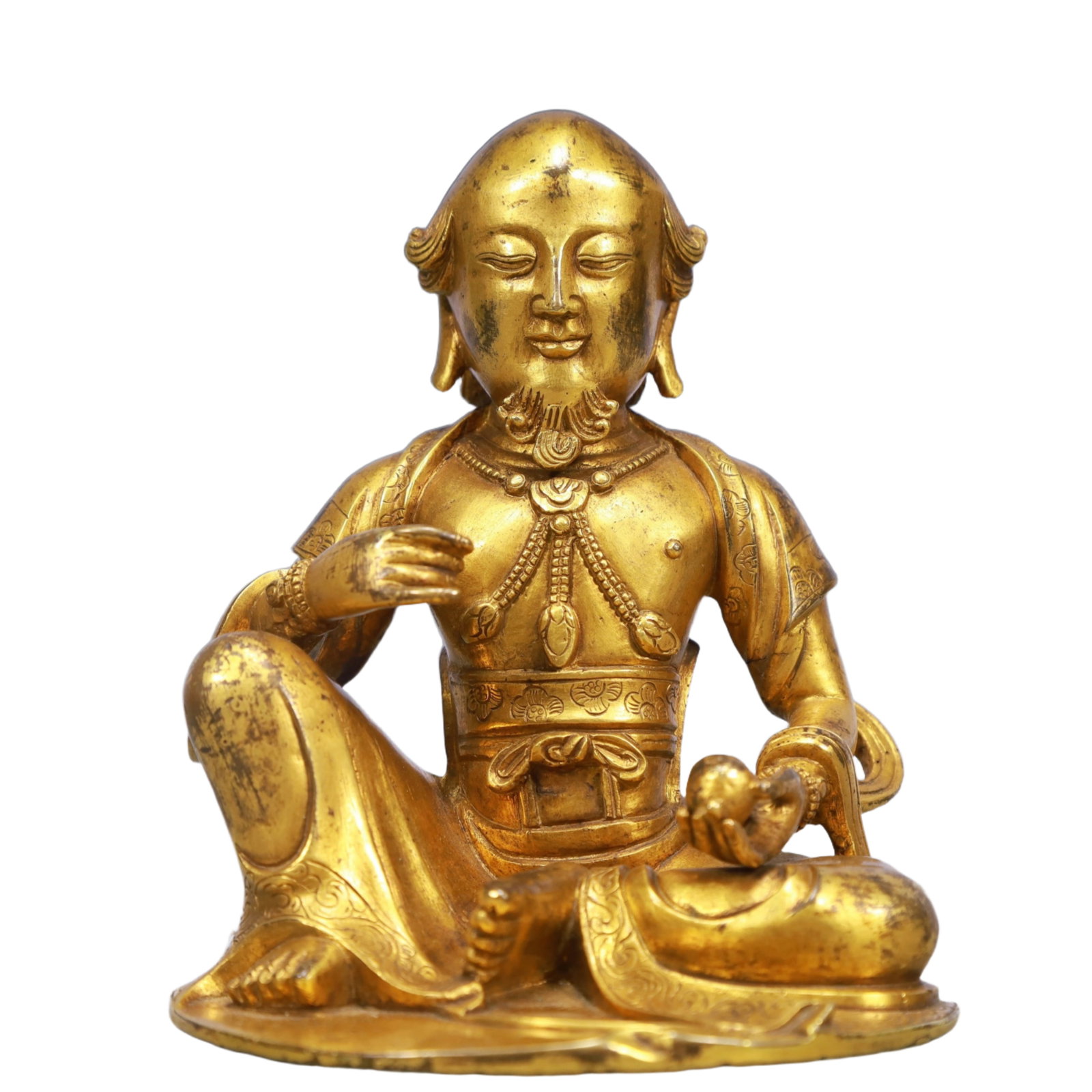 A Solemn Gilt Bronze Statue of Guru: A Solemn Gilt Bronze Statue of Guru,Qing Dynasty, China,Size:3.7inx3.5inx4.3in,Weight:1050g 铜鎏金上师像,中国清代