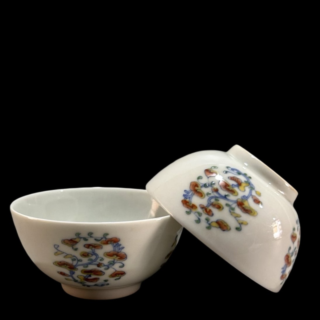 A Pair of Exquisite Blue and White Doucai Ganoderma lucidum Pattern Cups: A Pair of Exquisite Blue and White Doucai Ganoderma lucidum Pattern Cups,Qing Dynasty,China,Yongzheng Six-character Mark,Size:1.6inx3.1in