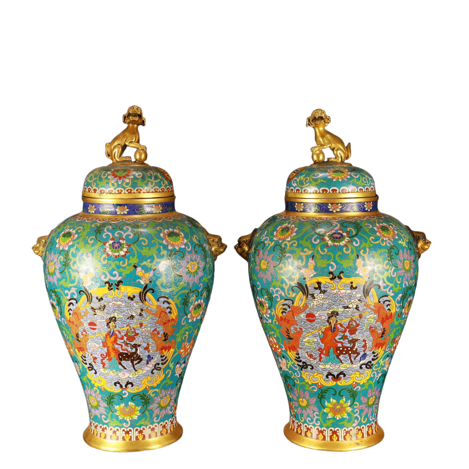 A Pair of Exquisite Cloisonne Lotus and Figure Pattern Beast-Ears Vase: A Pair of Exquisite Cloisonne Lotus and Figure Pattern Beast-Ears Vase,(A type of enamelware with metal wires separating colored glaze, originating in China),Qing Dynasty,China,Qianlong Four-character
