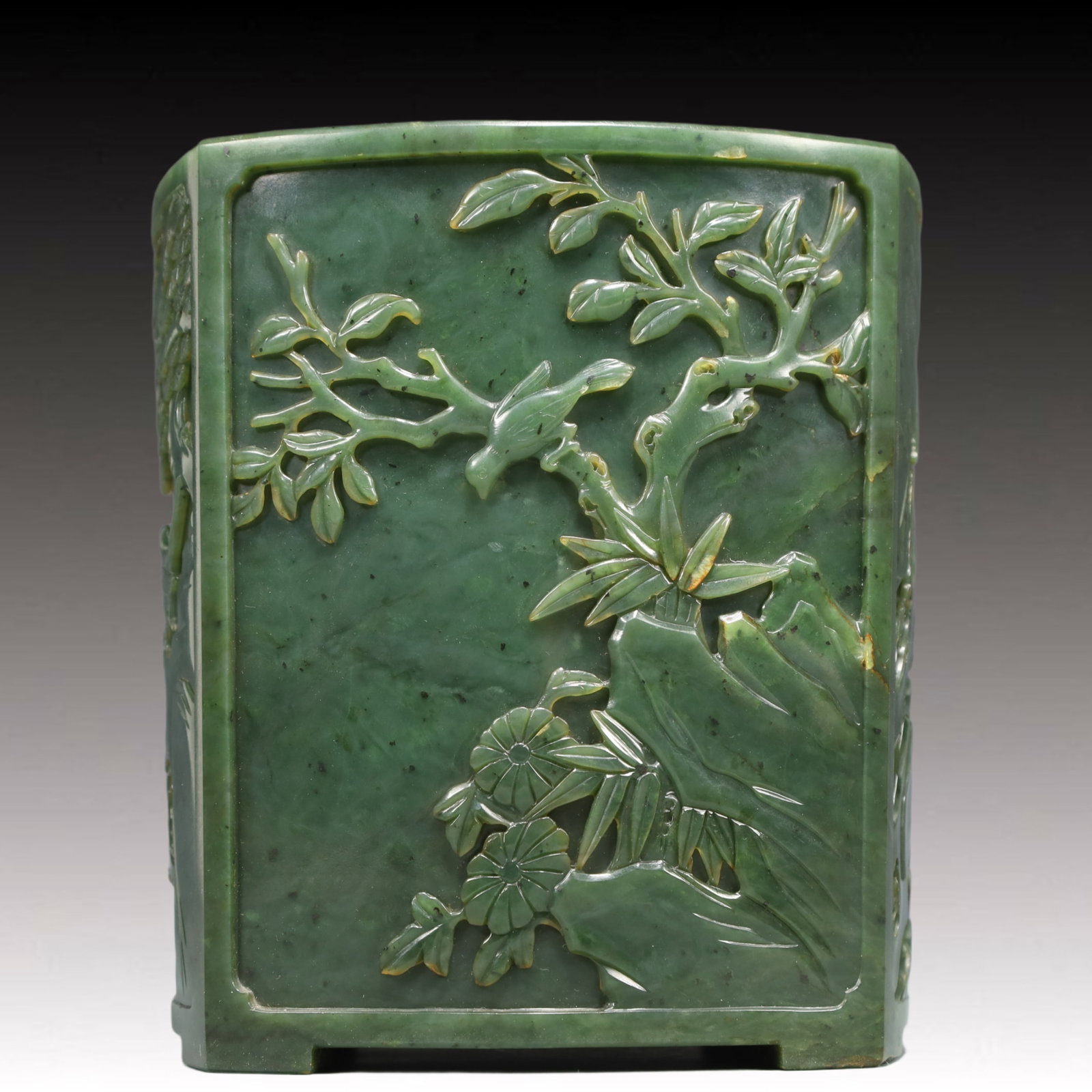 A Precious Jasper Flower and Bird Pattern Brush Pot: A Precious Jasper Flower and Bird Pattern Brush Pot,Qing Dynasty, China,Size:6.1inx6.5in Weight:2550g 碧玉花鸟纹笔筒,中国清代