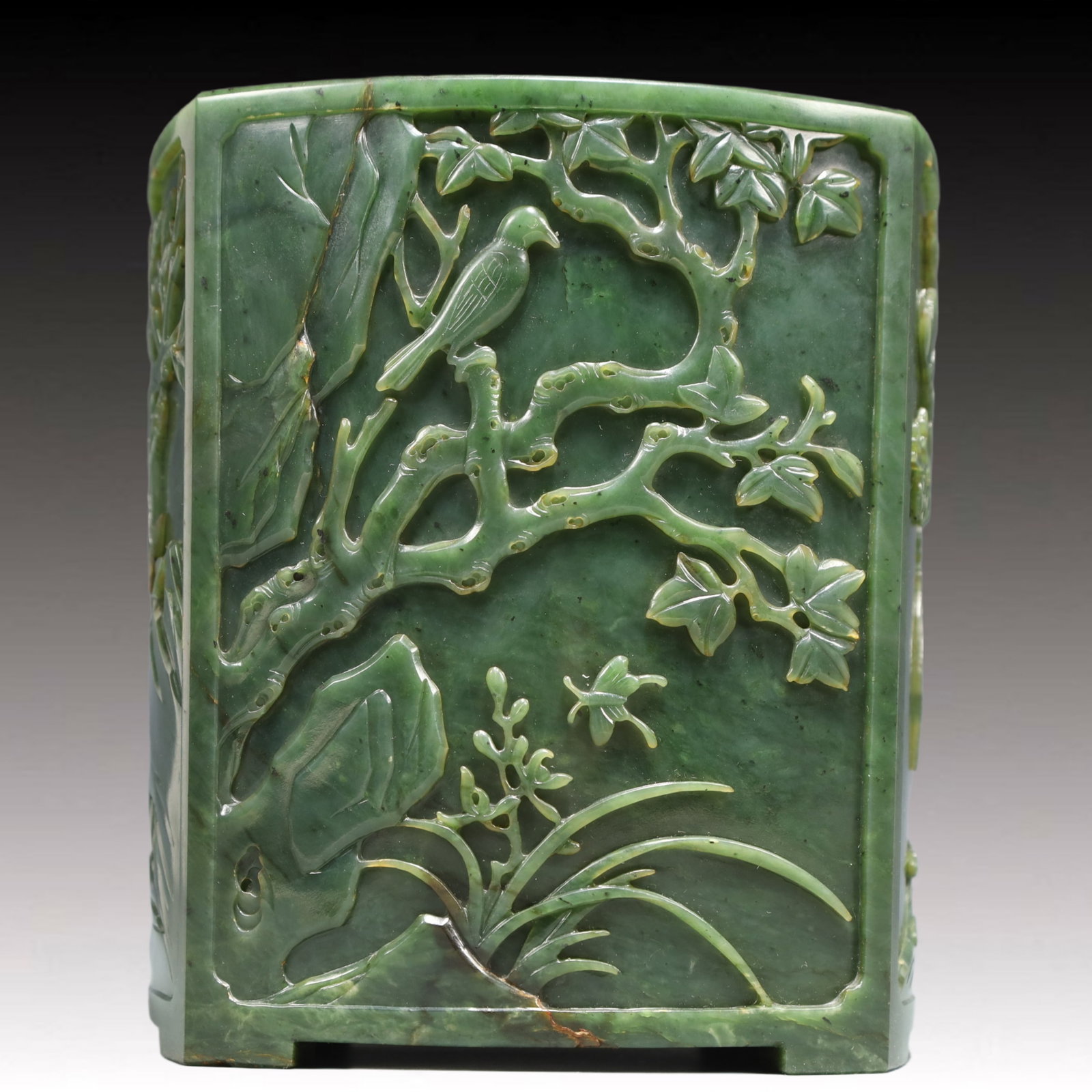 A Precious Jasper Flower and Bird Pattern Brush Pot - 4