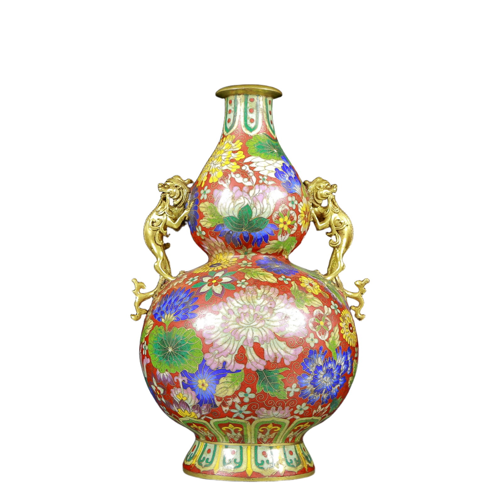 An Exquisite Cloisonne Flower Pattern Dragon-Ears Gourd-Shaped Vase: An Exquisite Cloisonne Flower Pattern Dragon-Ears Gourd-Shaped Vase,Qing Dynasty, China,Qianlong Four-character Mark,Size:6.7inx11.4in,Weight:4175g 景泰蓝花卉纹(