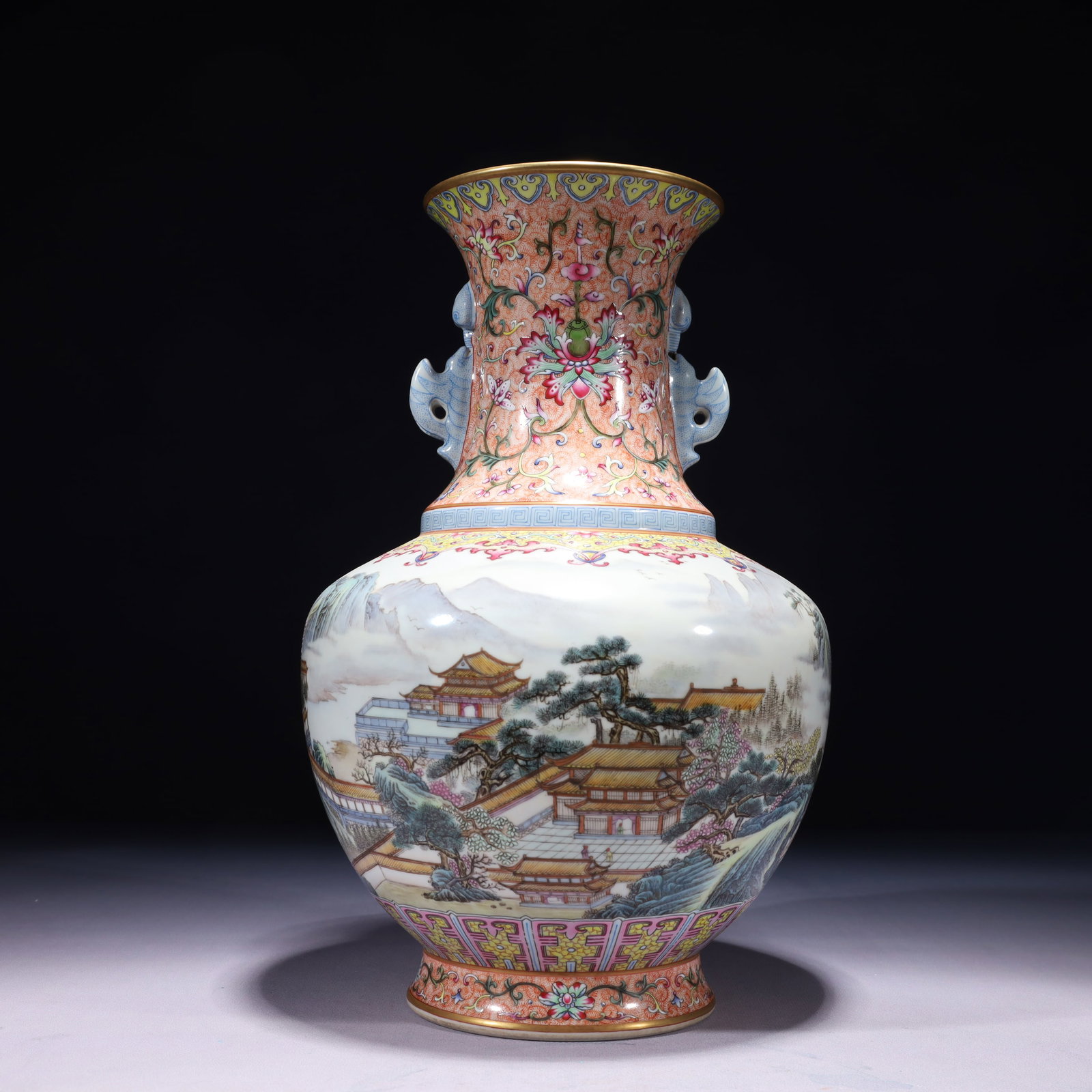 An Exquisite Famille-Rose Painted Gold Landscape Pattern Double-Ears Vase: An Exquisite Famille-Rose Painted Gold Landscape Pattern Double-Ears Vase,Qing Dynasty,China,Qianlong Six-character Mark,Size:7.5inx13in,Weight:2900g 粉彩描金山水&#