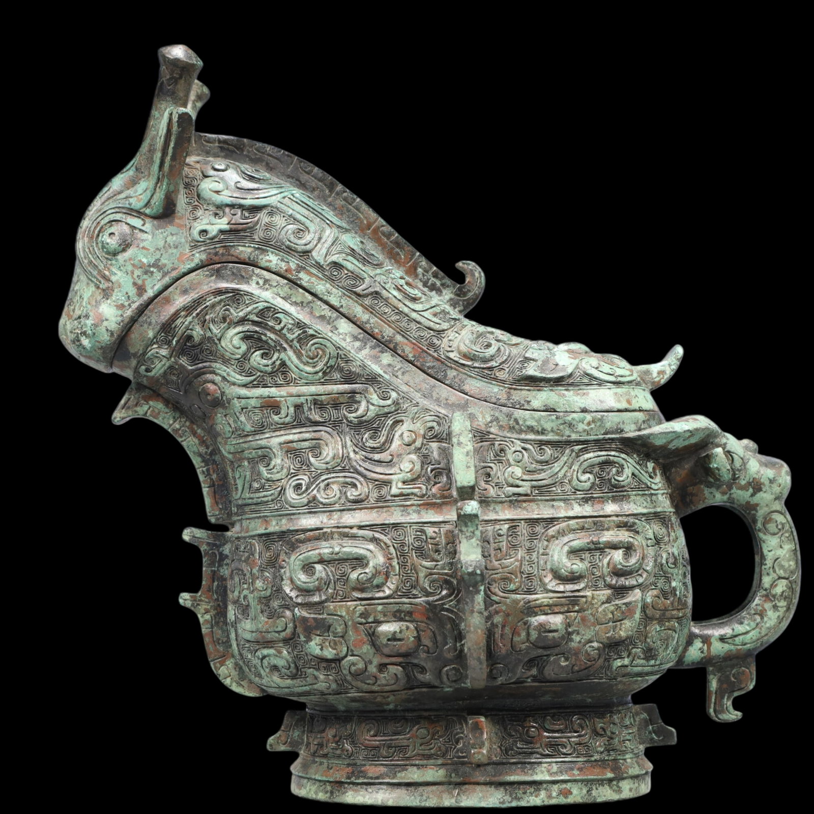 A Precious Bronze Beast-Face Pattern Ewer with Cover ,With Inscription: A Precious Bronze Beast-Face Pattern Ewer with Cover ,With Inscription,Ancient Time, China,Size:11inx4.3inx11.4in ;Weight:4050g