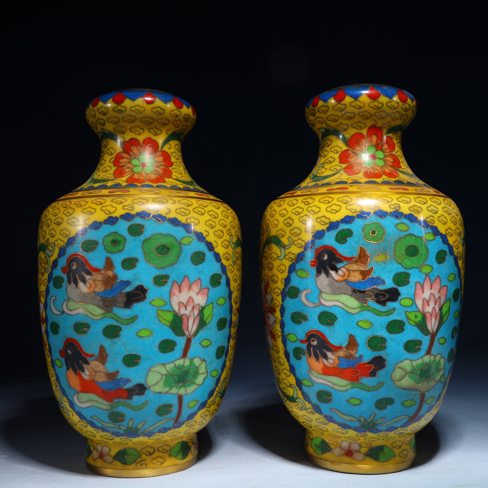 A Pair of Exquisite Cloisonne Flower and Bird Pattern Vases: A Pair of Exquisite Cloisonne Flower and Bird Pattern Vases,Qing Dynasty,China,Qianlong Four-character Mark,Size:10.2inx5.5inx5.5in,Weight:3550g 一对景泰蓝花鸟