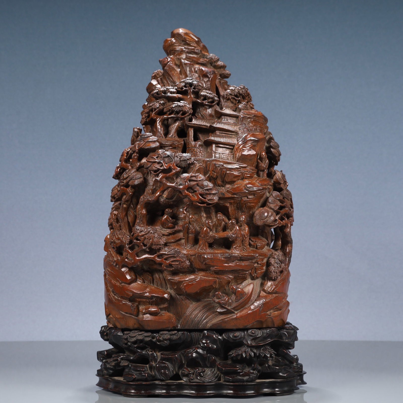 A Rare Bamboo Landscape and Figure Pattern Ornament,With Base: A Rare Bamboo Landscape and Figure Pattern Ornament,With Base,Qing Dynasty, China,Size:7.9inx6.3inx15.4in,Weight:2900g