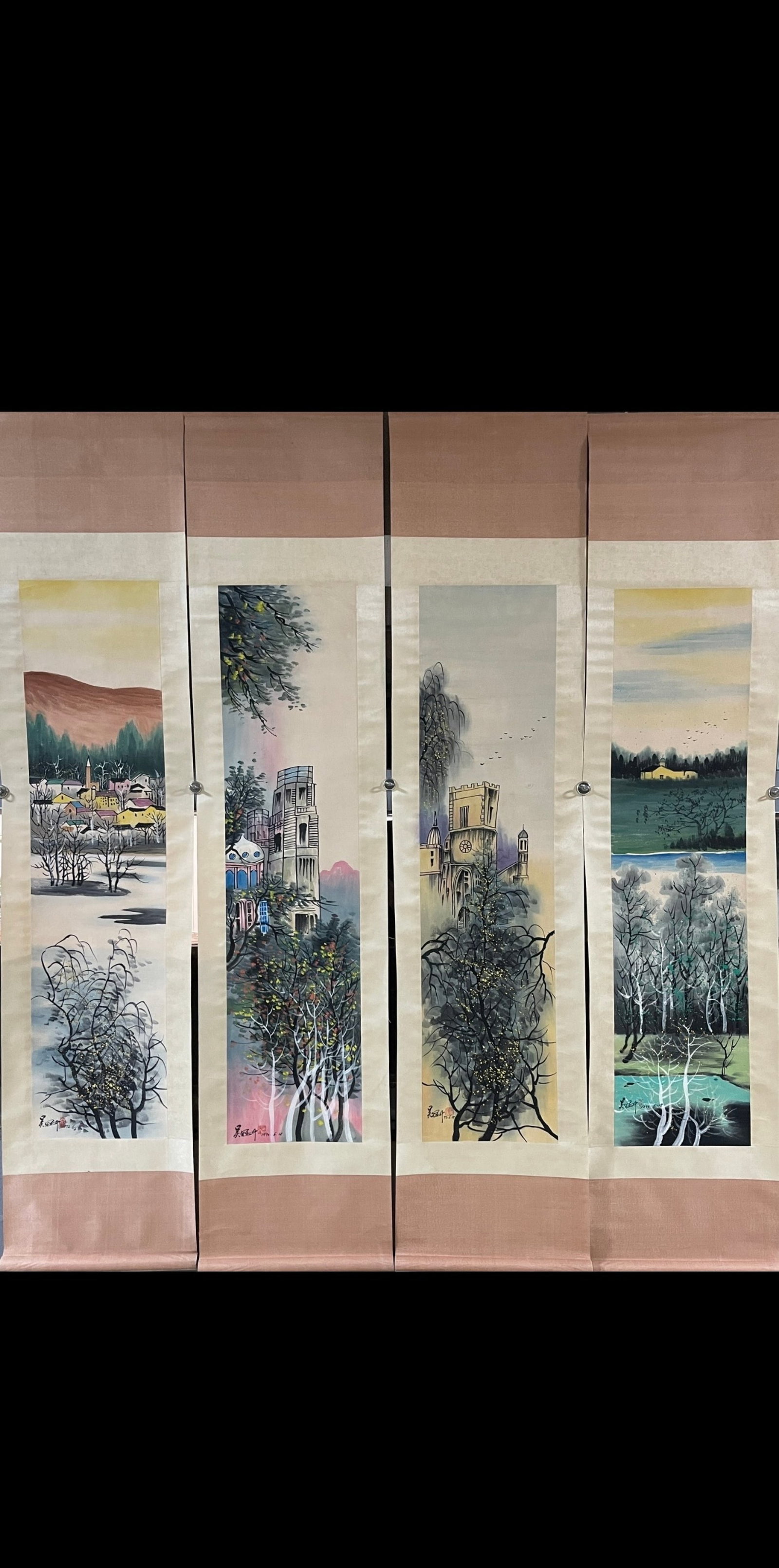 A Set of Fine Chinese Vertical Scroll Ink Painting of Landscape on Paper,Wu Guanzhong (1 of 9)
