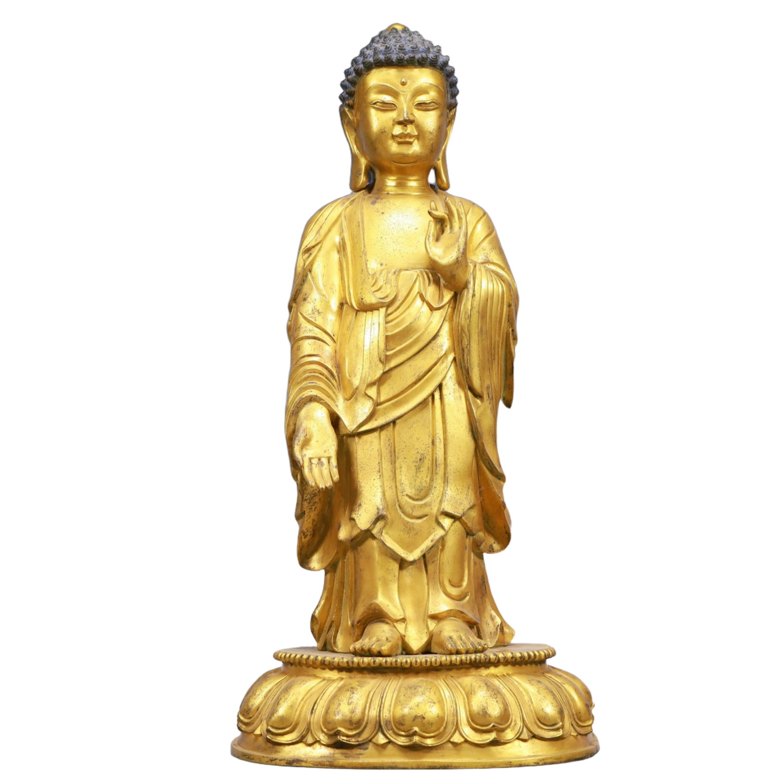 A Solemn Gilt Bronze Statue of Sakyamuni: A Solemn Gilt Bronze Statue of Sakyamuni,Qing Dynasty, China,Size:9.1inx6.7inx21.3in,Weight:9950g 铜鎏金如来像,中国清代
