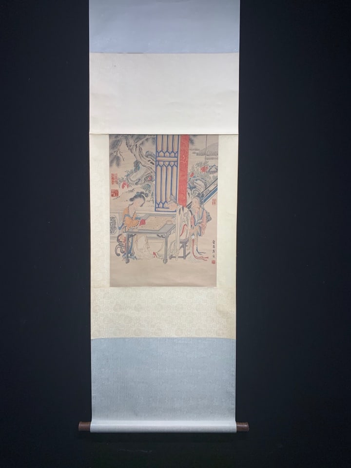 A Chinese Vertical Scroll Ink Painting of Character and Story on Silk,Tang Yin: A Chinese Vertical Scroll Ink Painting of Character and Story on Silk,Tang Yin,Size:(Without frame)21.7inx15.4in 一幅中国水墨绢本人物故