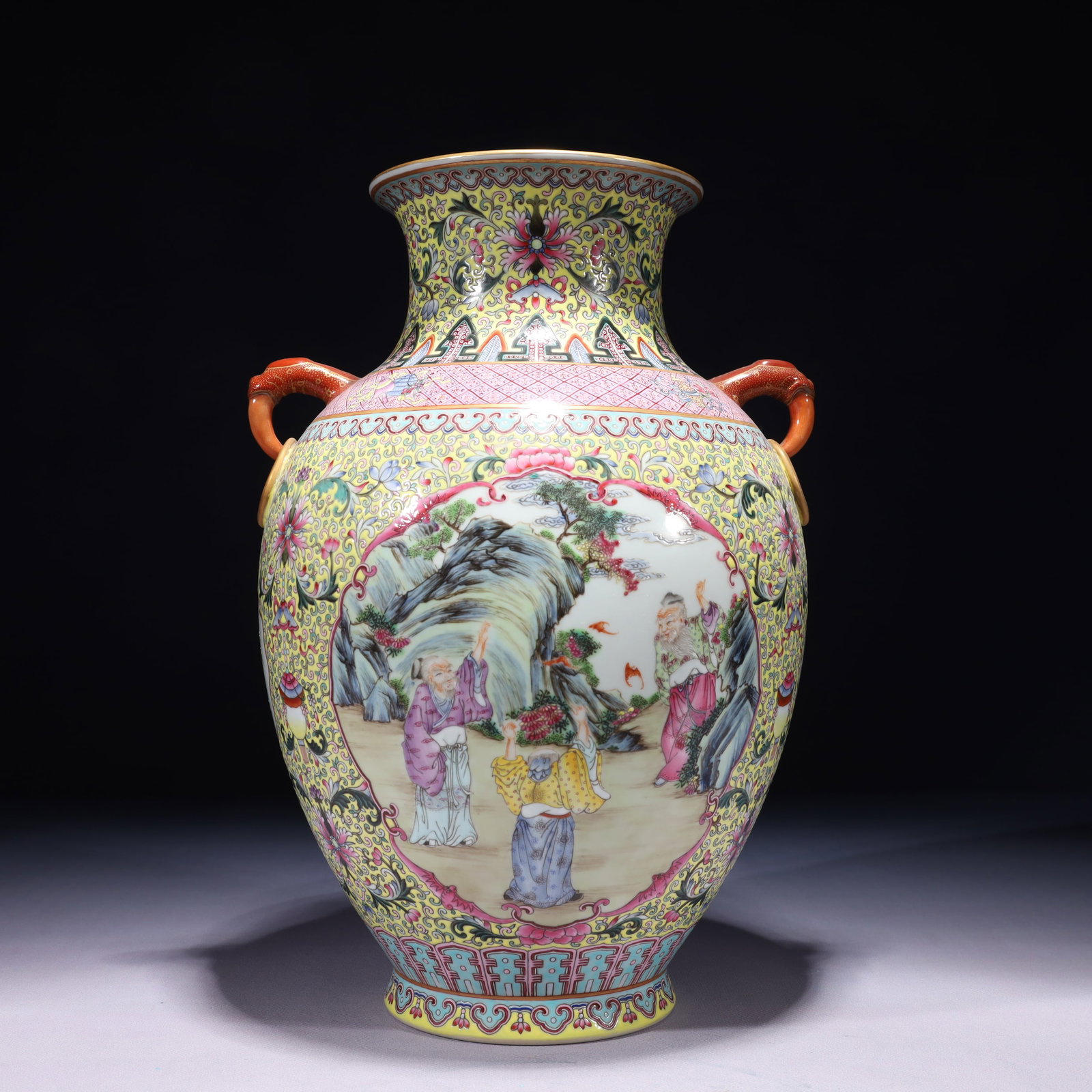 An Exquisite Famille-Rose Painted Gold Character and Story Pattern Double-Ears Vase: An Exquisite Famille-Rose Painted Gold Character and Story Pattern Double-Ears Vase,Qing Dynasty,China,Qianlong Six-character Mark,Size:9.1inx13.8in,Weight:3500g 粉彩描金ߟ