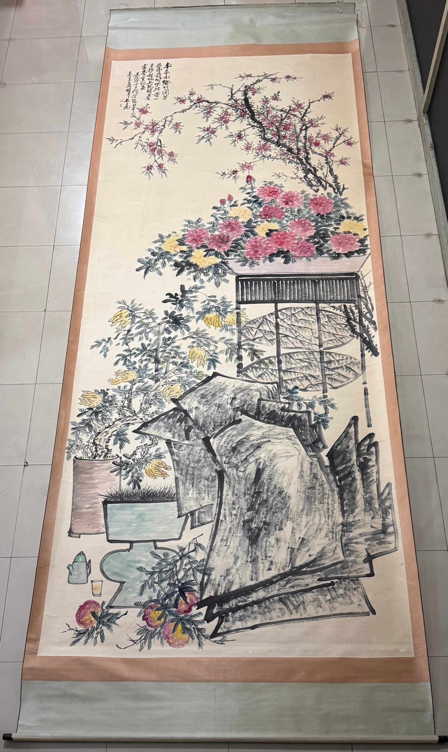 A Chinese Vertical Scroll Ink Painting of Flower and Fruit on Paper,Wu Changshuo: A Chinese Vertical Scroll Ink Painting of Flower and Fruit on Paper,Wu Changshuo,Size:78.7inx196.8in 一幅中国水墨花果图立轴,吴&#