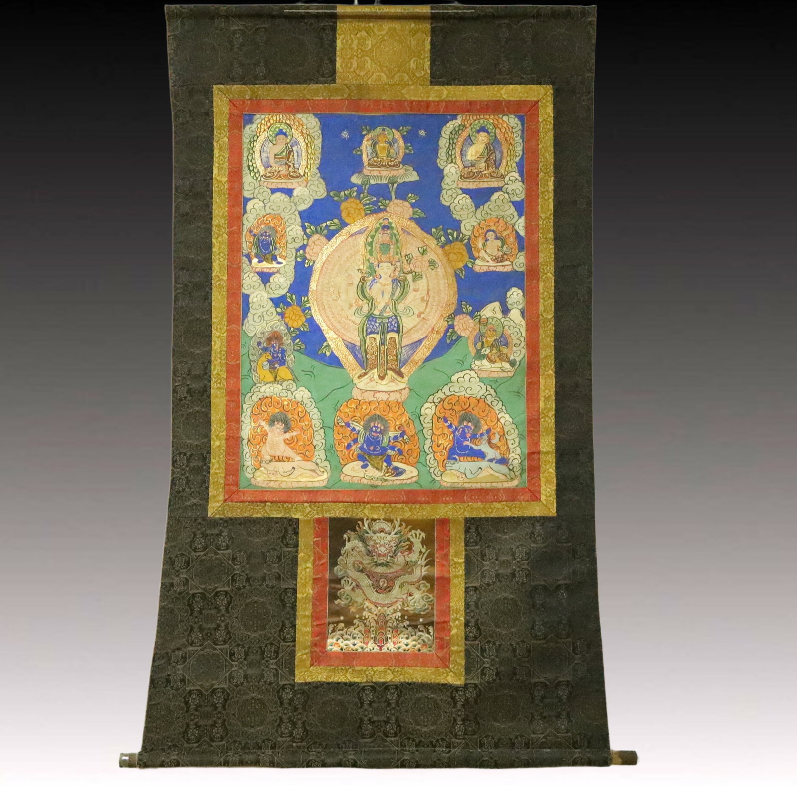 A Rare Brocade Painted Color Statue of Thousand-hand Guanyin Tangka: A Rare Brocade Painted Color Statue of Thousand-hand Guanyin Tangka,Qing Dynasty, China,Size:37.4inx61.4in 织锦彩绘千手观音像唐卡,