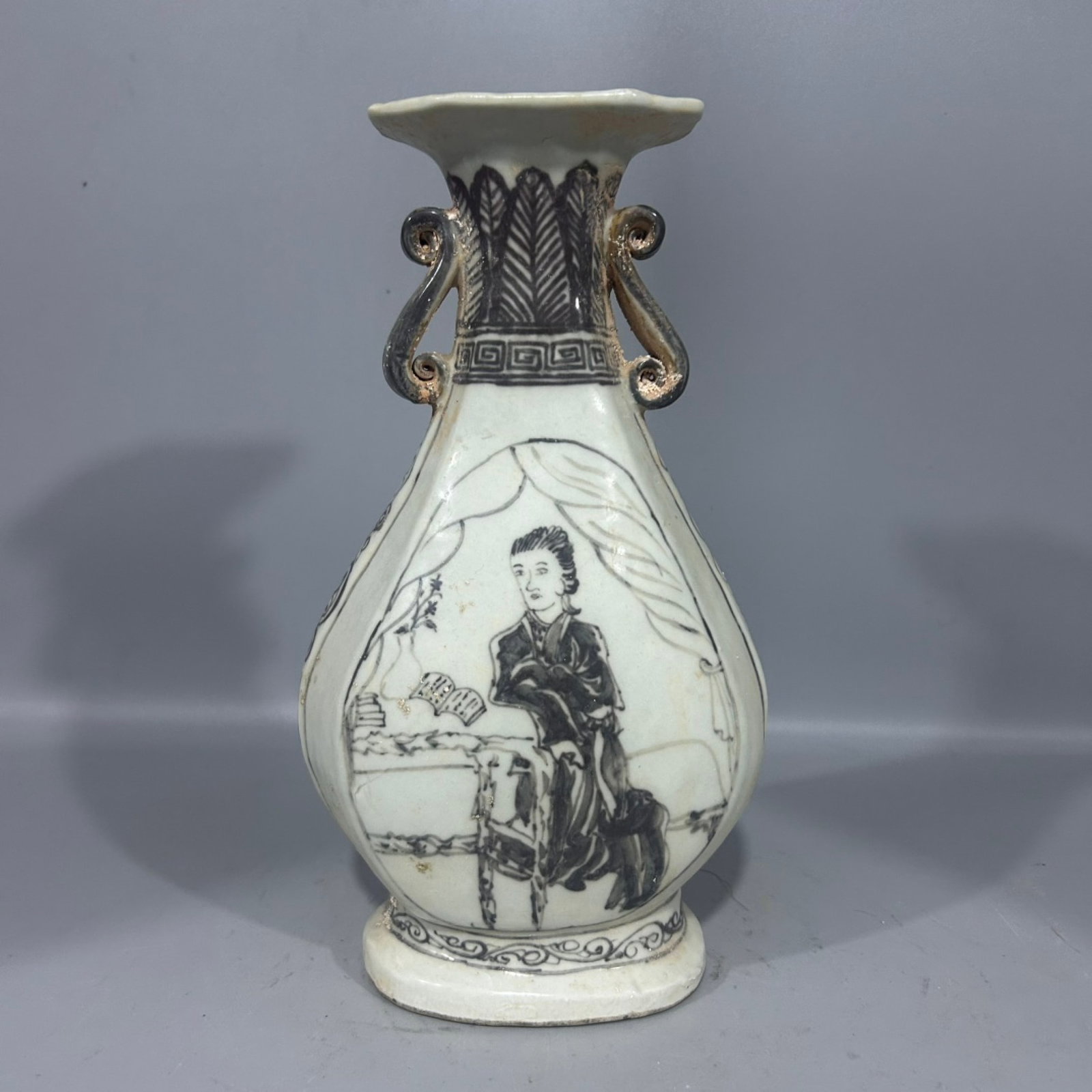 An Exquisite Underglaze-Red Figure Pattern Double-Ears Vase: An Exquisite Underglaze-Red Figure Pattern Double-Ears Vase,Qing Dynasty,China,Size:5.1inx10.6in 釉里红人物纹双耳瓶,中国清ߣ