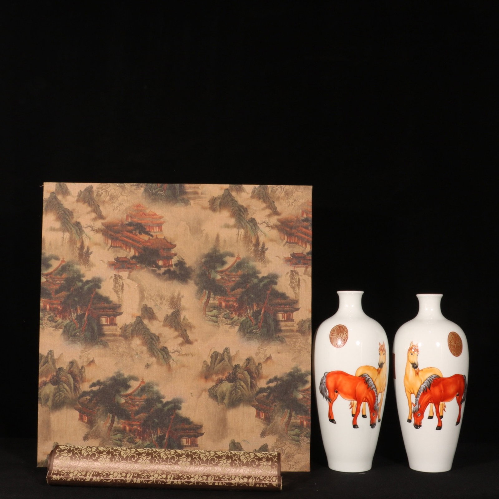 A Pair of Exquisite Enamel Horse Pattern Vases,with poem,with Chinese Vertical Scroll Ink Painting: A Pair of Exquisite Enamel Horse Pattern Vases,with poem,with Chinese Vertical Scroll Ink Painting on Silk,Qing Dynasty,China,Qianlong Four-character Mark,Size:9.4inx4.3in