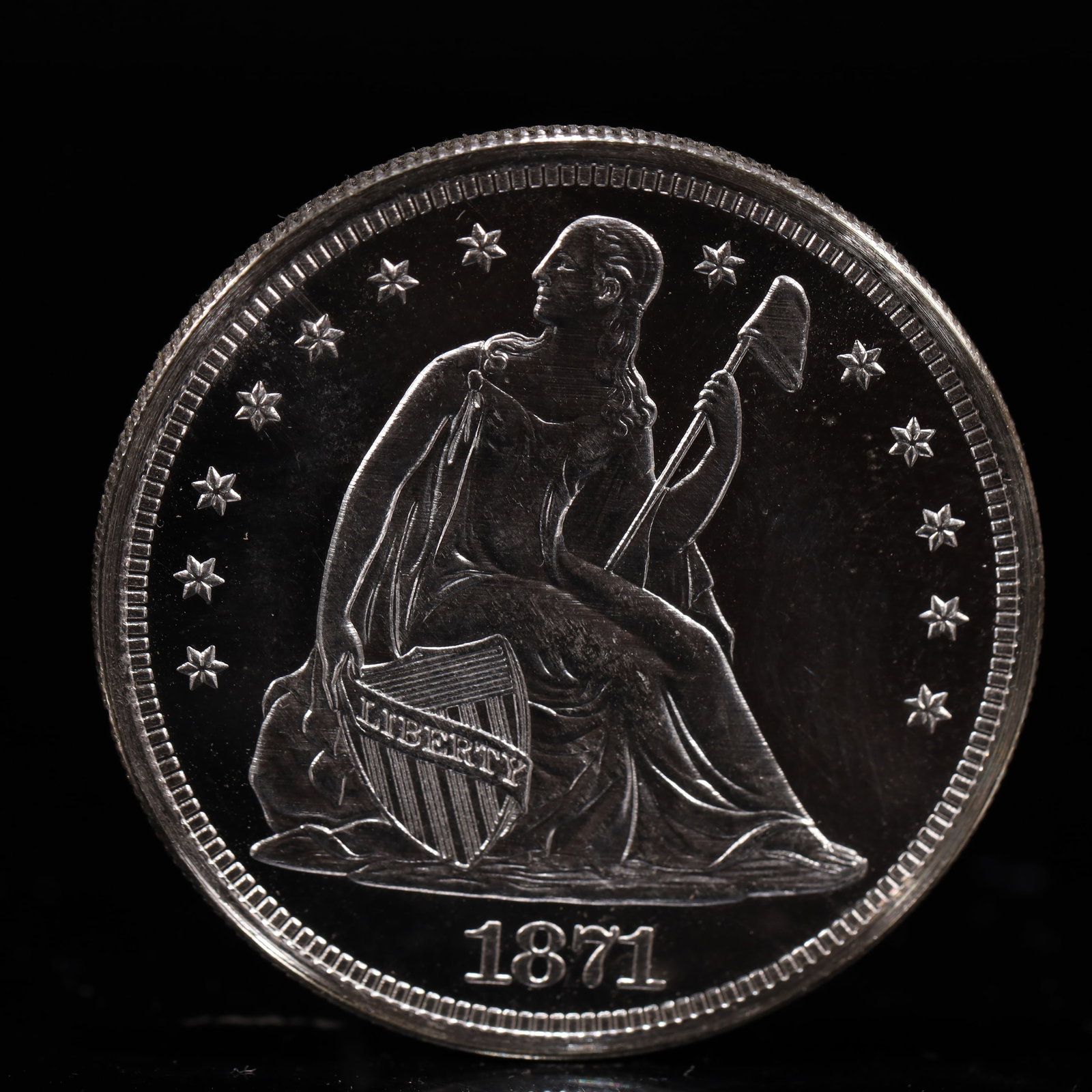 USA One Dollar 1871 Coin: American coin. IN GOD WE TRUST / LIBERTY / 1871 / UNITED STATES OF AMERICA / ONE DOL. Mint Mark: CC.Weight:26.9g.