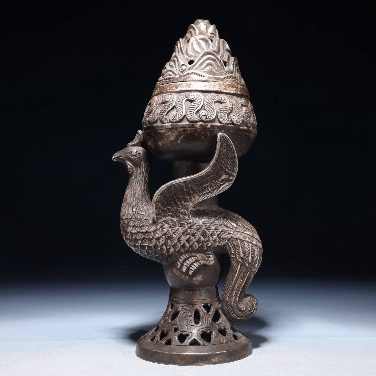 An Exquisite Silver-plated Bronze Phoenix Censer: An Exquisite Silver-plated Bronze Phoenix Censer,Qing Dynasty,China,Size:5.5inx4.3inx12.6in,Weight:1900g 铜镀银凤香炉,中国清代