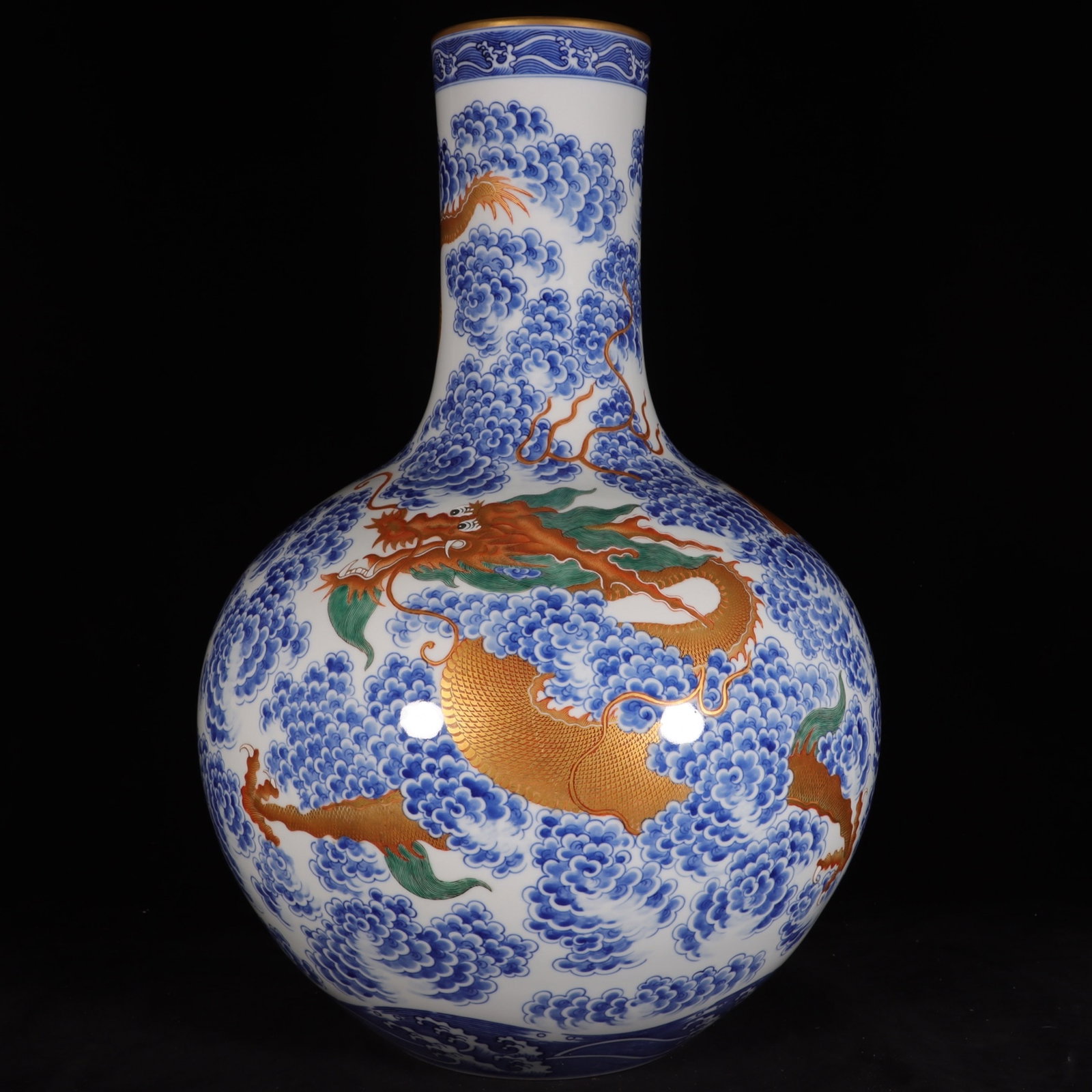 A Huge Blue and White Iron-Red Glazed Painted Gold Seawater,Auspicious Cloud and Dragon Pattern Vase: A Huge Blue and White Iron-Red Glazed Painted Gold Seawater,Auspicious Cloud and Dragon Pattern Vase,Qing Dynasty, China,Qianlong Six-character Mark,Size:22inx15.4inx7.3in 青花矾 