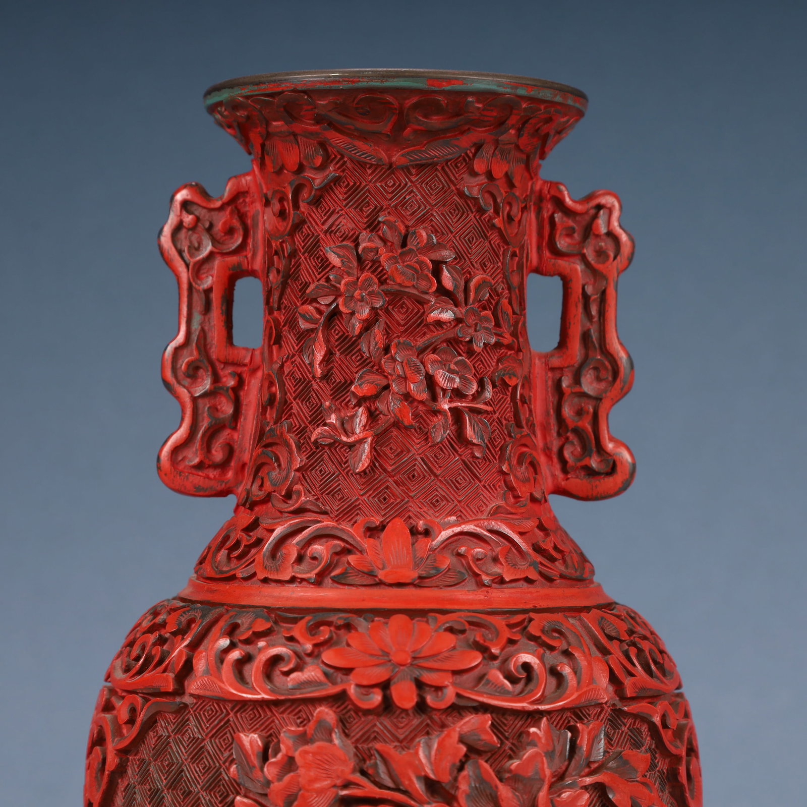 An Exquisite Carved Red Lacquer Flower Pattern Double-Ears Vase - 2