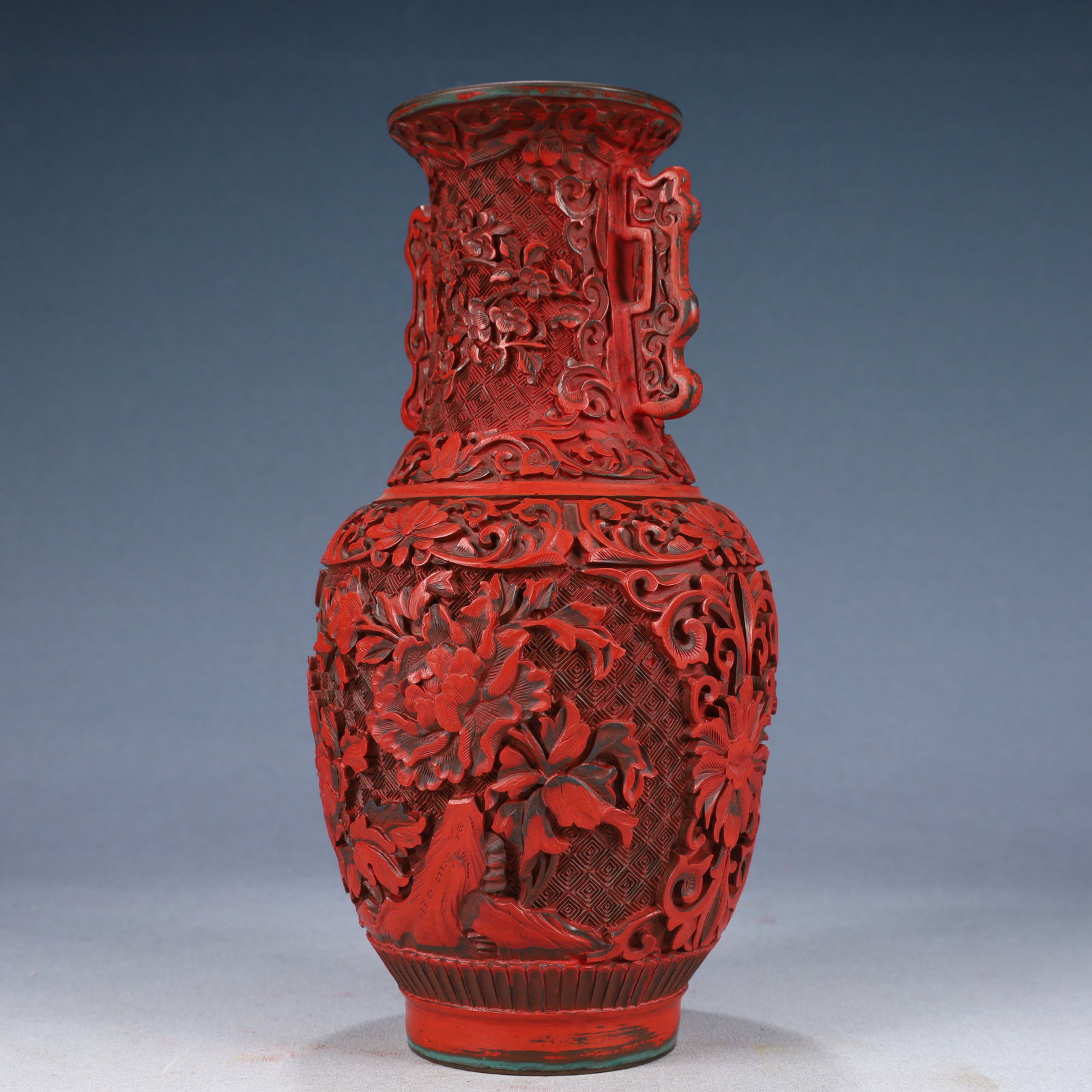 An Exquisite Carved Red Lacquer Flower Pattern Double-Ears Vase - 4