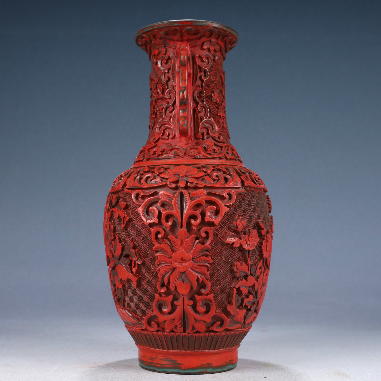 An Exquisite Carved Red Lacquer Flower Pattern Double-Ears Vase - 5