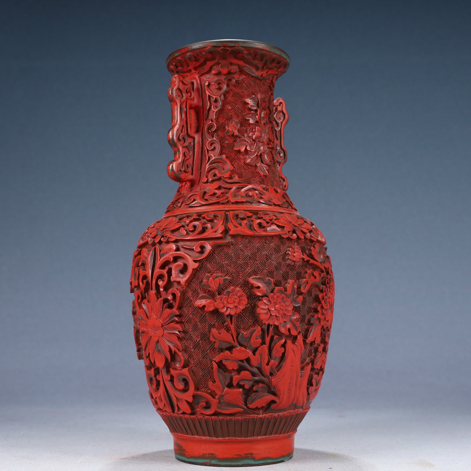 An Exquisite Carved Red Lacquer Flower Pattern Double-Ears Vase - 6