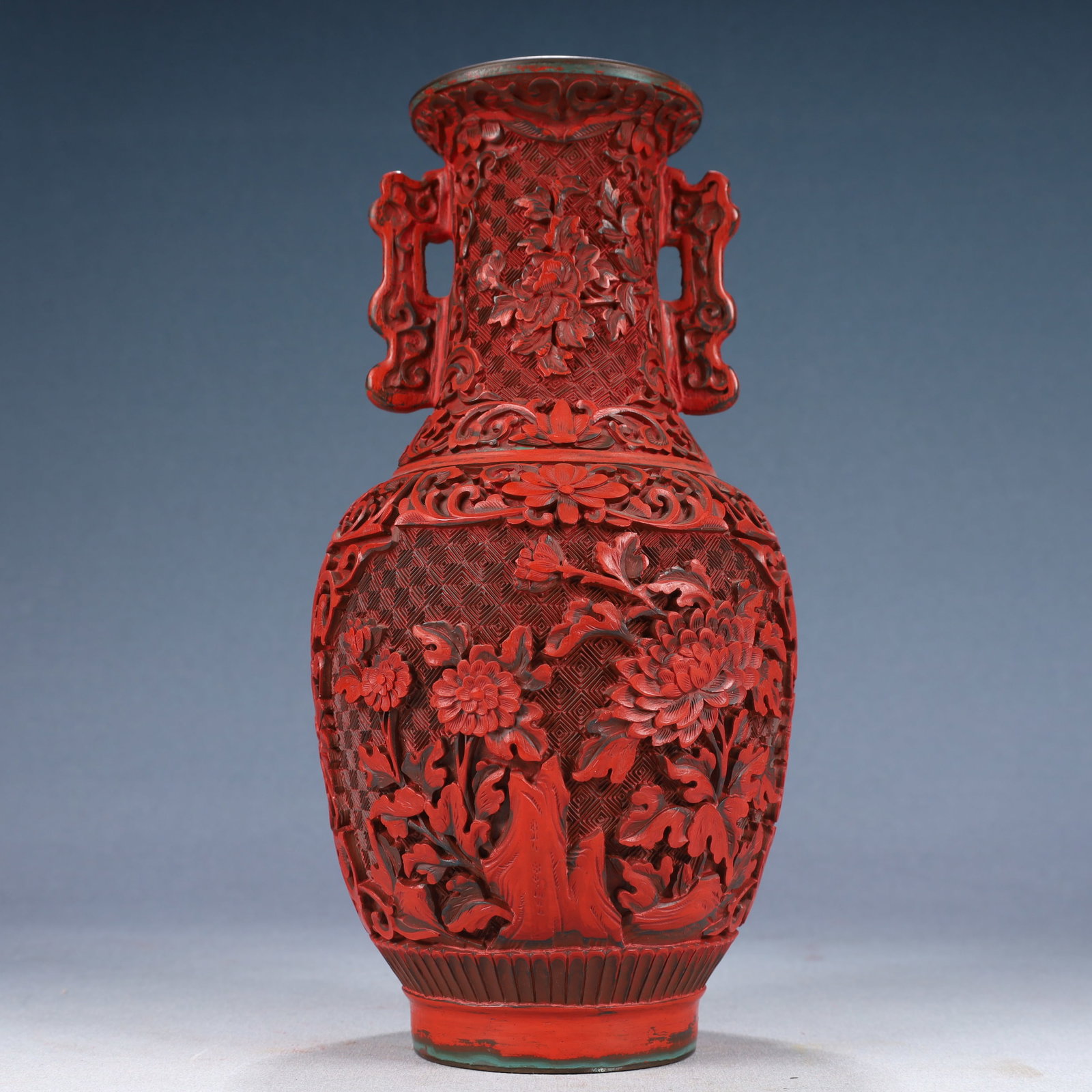 An Exquisite Carved Red Lacquer Flower Pattern Double-Ears Vase - 7