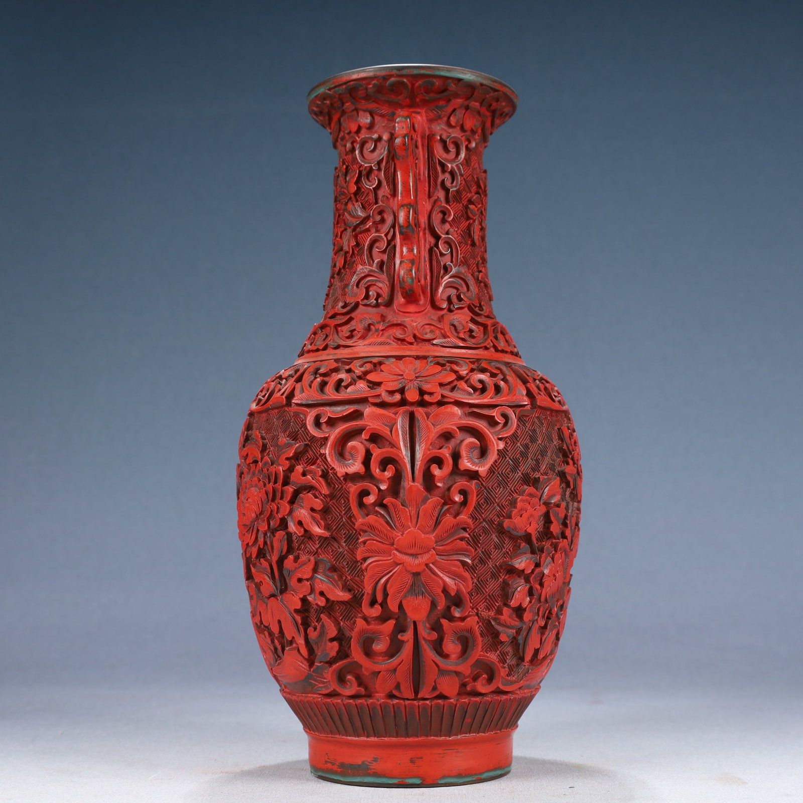 An Exquisite Carved Red Lacquer Flower Pattern Double-Ears Vase - 8
