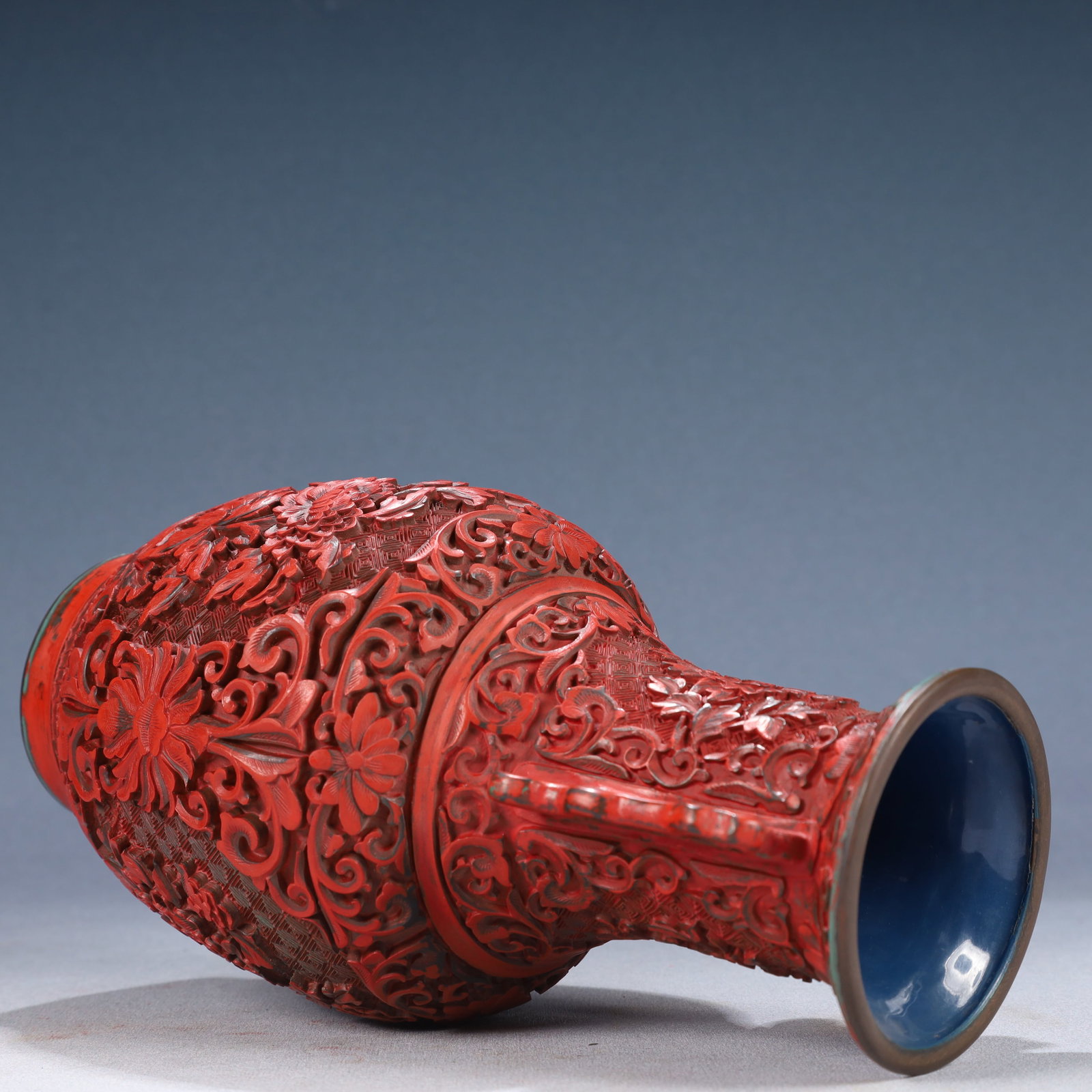 An Exquisite Carved Red Lacquer Flower Pattern Double-Ears Vase - 9