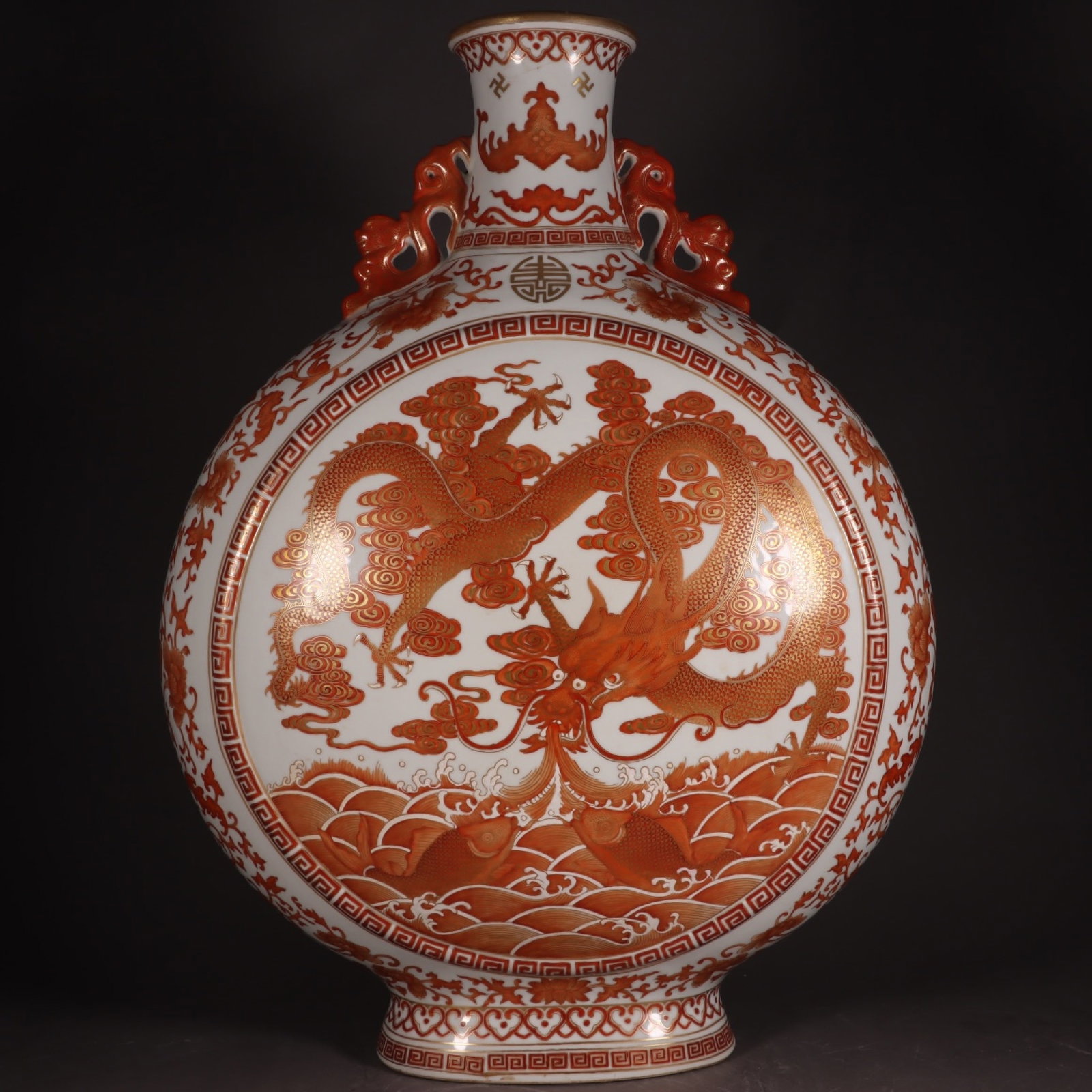 A Huge Iron-Red Glazed Painted Gold Seawater,Fish and Dragon Pattern Dragon-Ears Vase: A Huge Iron-Red Glazed Painted Gold Seawater,Fish and Dragon Pattern Dragon-Ears Vase,Qing Dynasty, China,Qianlong Six-character Mark,Size:22.4inx17.2inx7.9in 矾红釉描金&