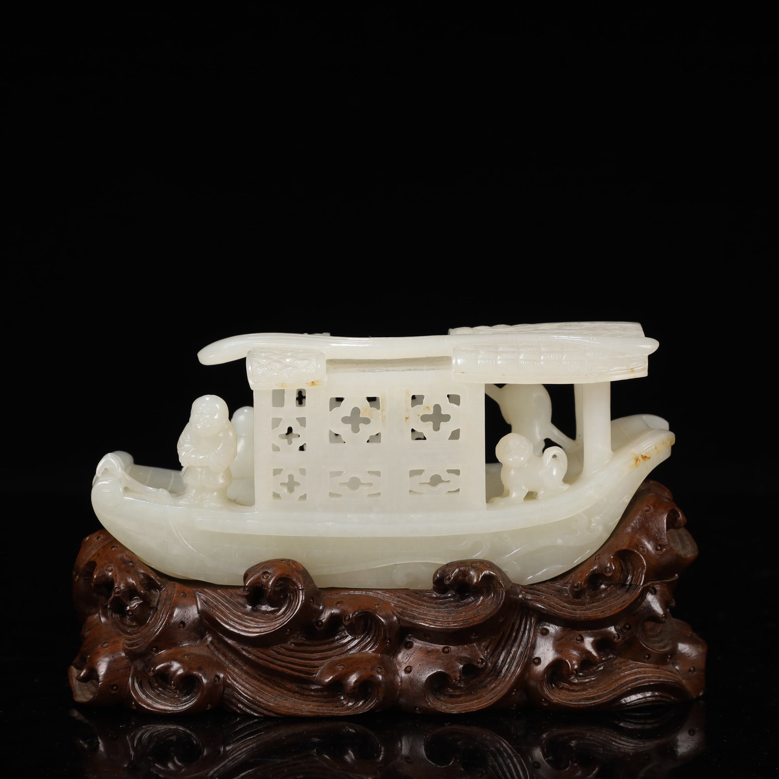 An Exquisite White Jade Hollow Figure Pattern Boat-Shaped Ornament,With Base (1 of 12)