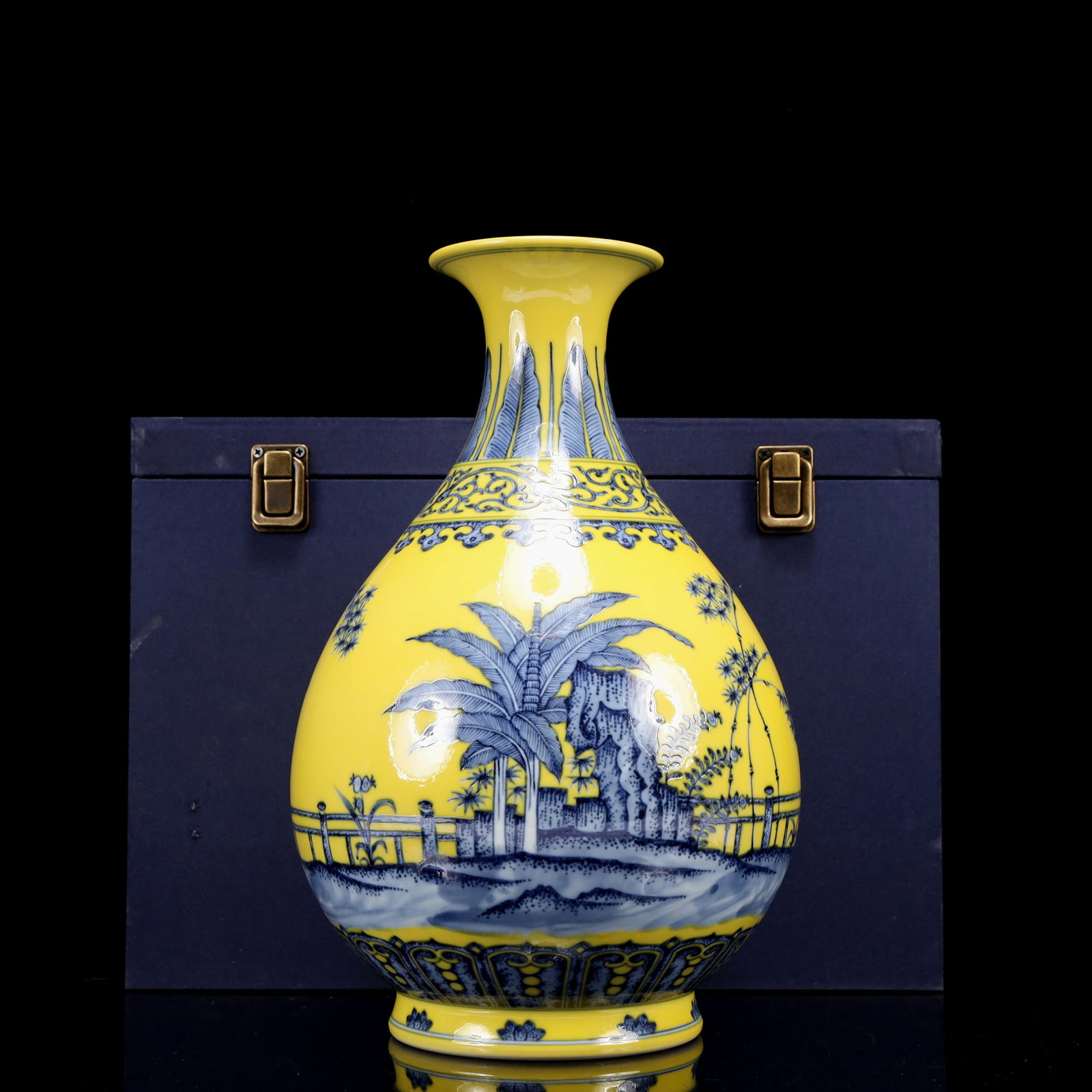 A Rare Blue and White Yellow Ground Banana Leaf and Bamboo Pattern Vase: A Rare Blue and White Yellow Ground Banana Leaf and Bamboo Pattern Vase,Qing Dynasty, China,Qianlong Six-character Mark,Size:7.1inx7.1inx11.8in 青花黄地芭蕉叶