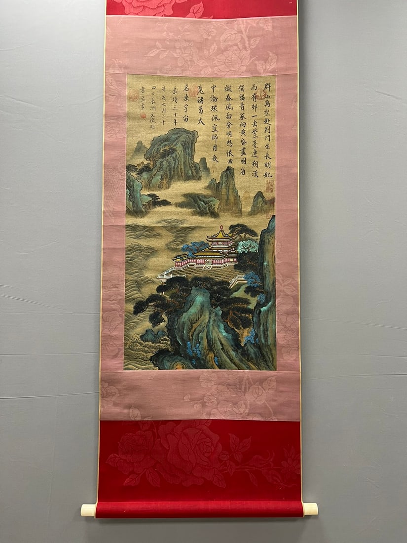 A Chinese Vertical Scroll Ink Painting of Landscape on Silk,Wen Zhengming: A Chinese Vertical Scroll Ink Painting of Landscape on Silk,Wen Zhengming,Size:(Without frame)35inx17.7in
