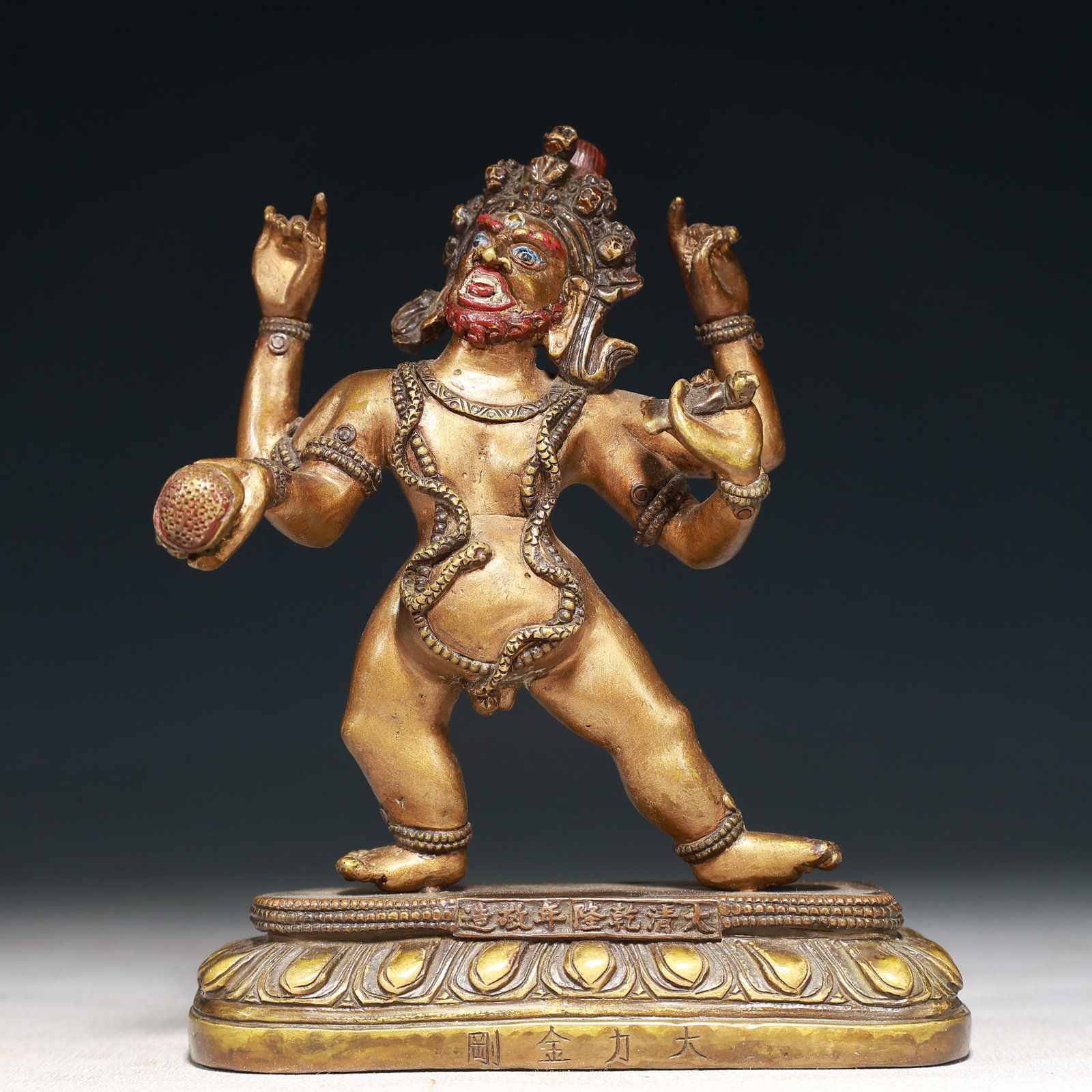 A Solemn Gilt Bronze Statue of Vajra: A Solemn Gilt Bronze Statue of Vajra,Qing Dynasty,China,Qianlong Mark,Size:4.3inx2inx5.5in,Weight:800g